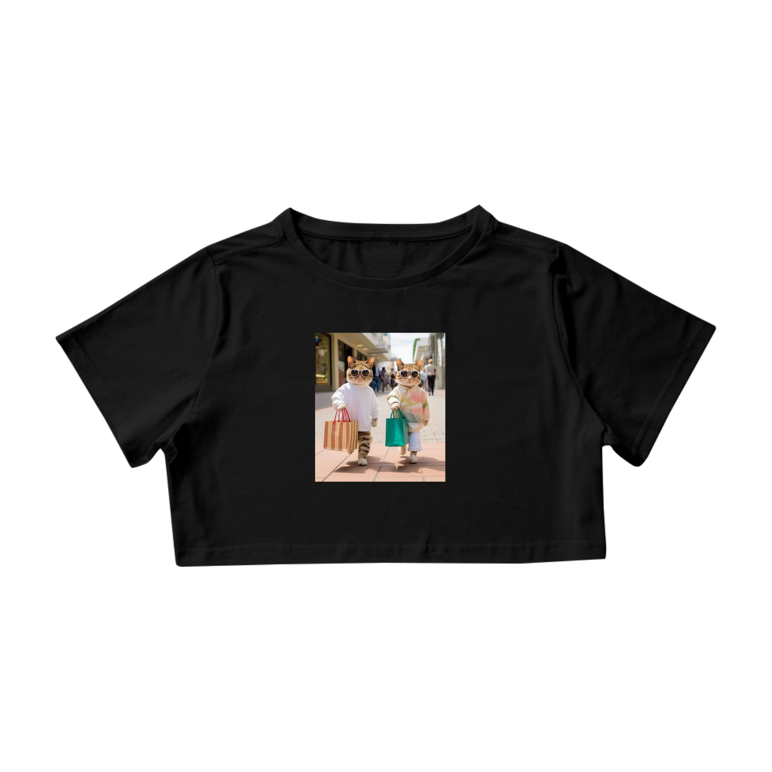Camiseta Cropped Gatos Fazendo Compras