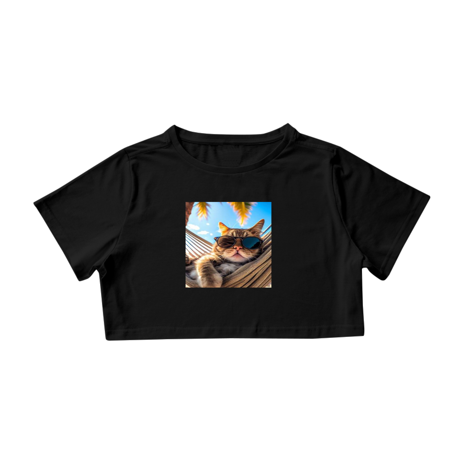 Camiseta Cropped Gato na Rede com Óculos Escuros