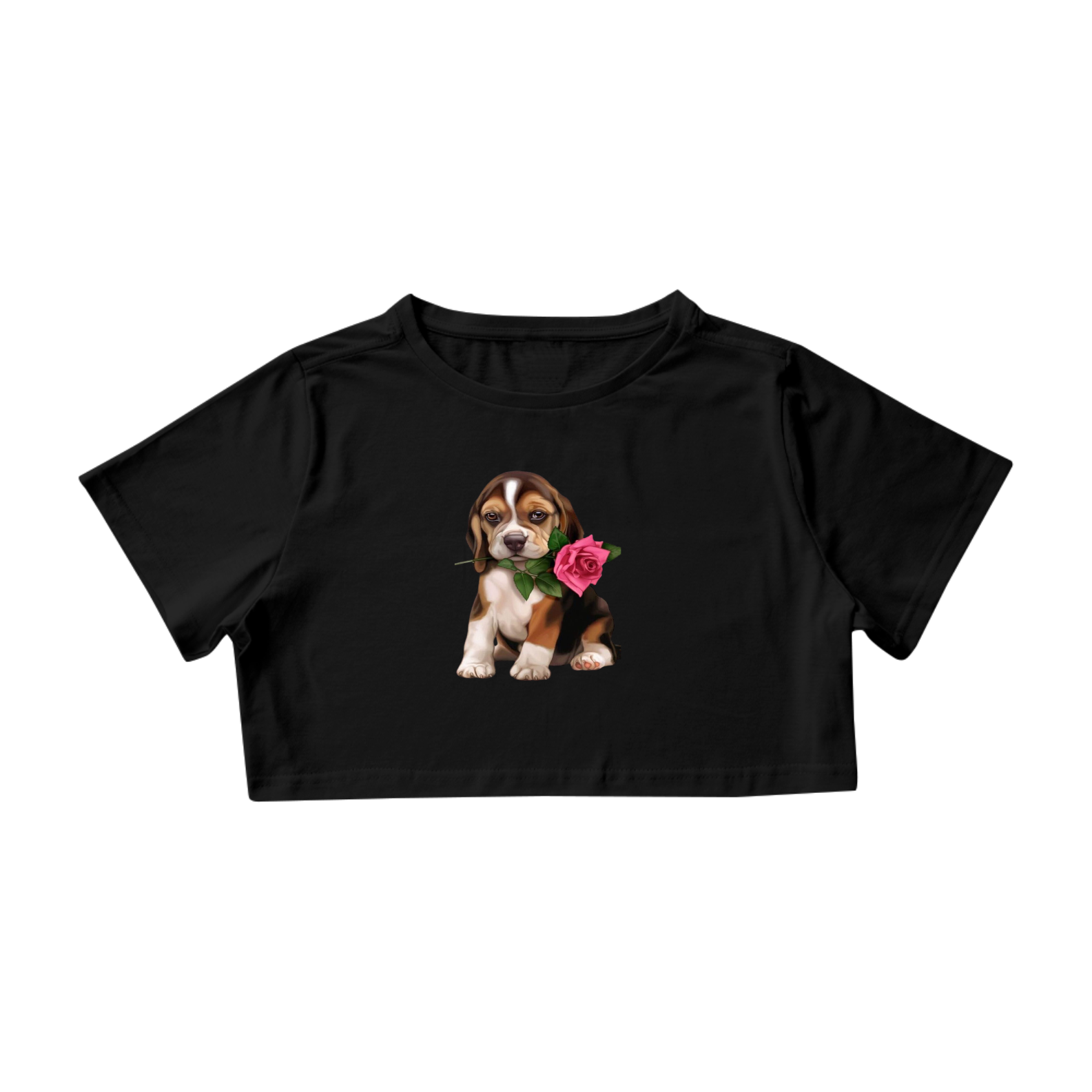 Camiseta Cropped Cachorro com Rosa