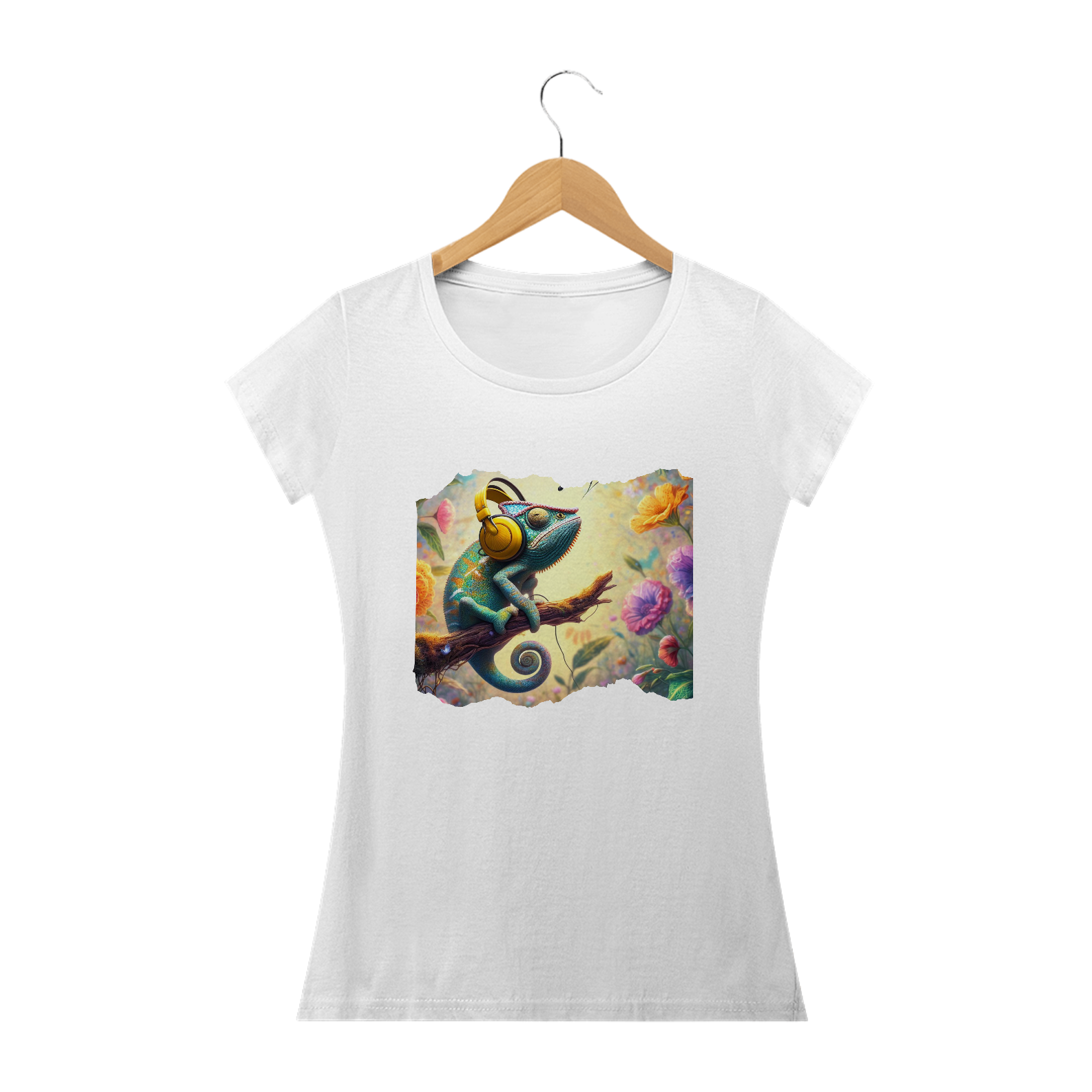 Camiseta  Feminina - Camaleão de Fone