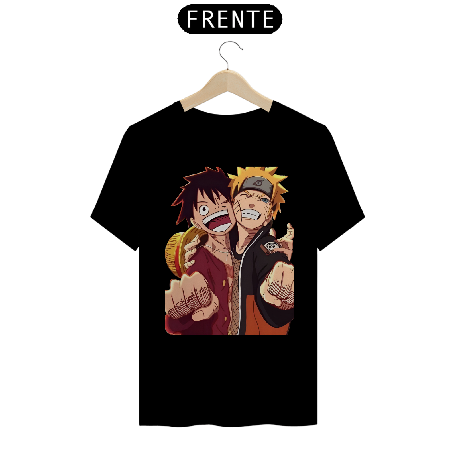 Camiseta Naruto e Luffy Abraçados e sorrindo