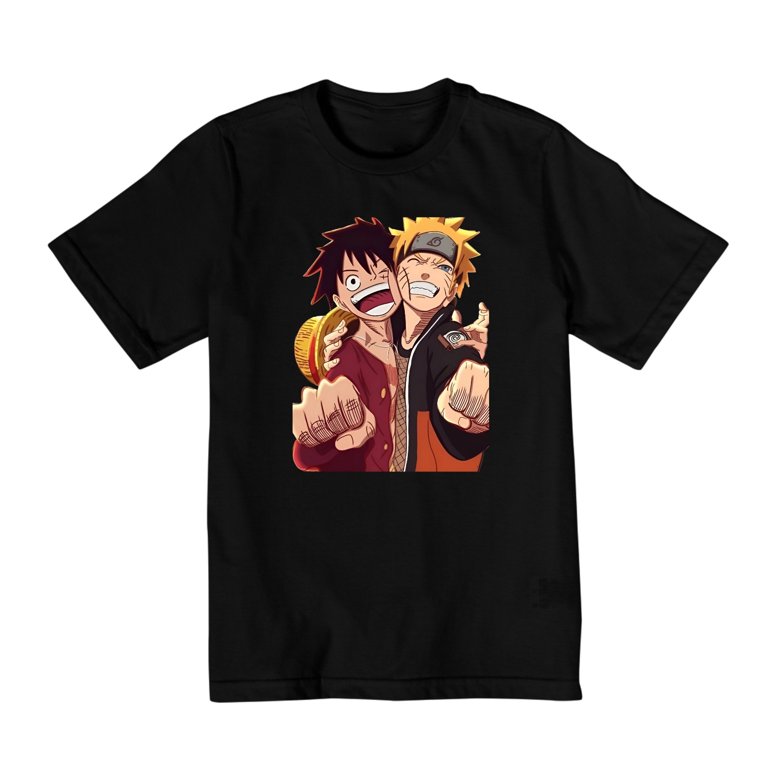Camiseta infantil Naruto e Luffy Abraçados e Sorrindo 