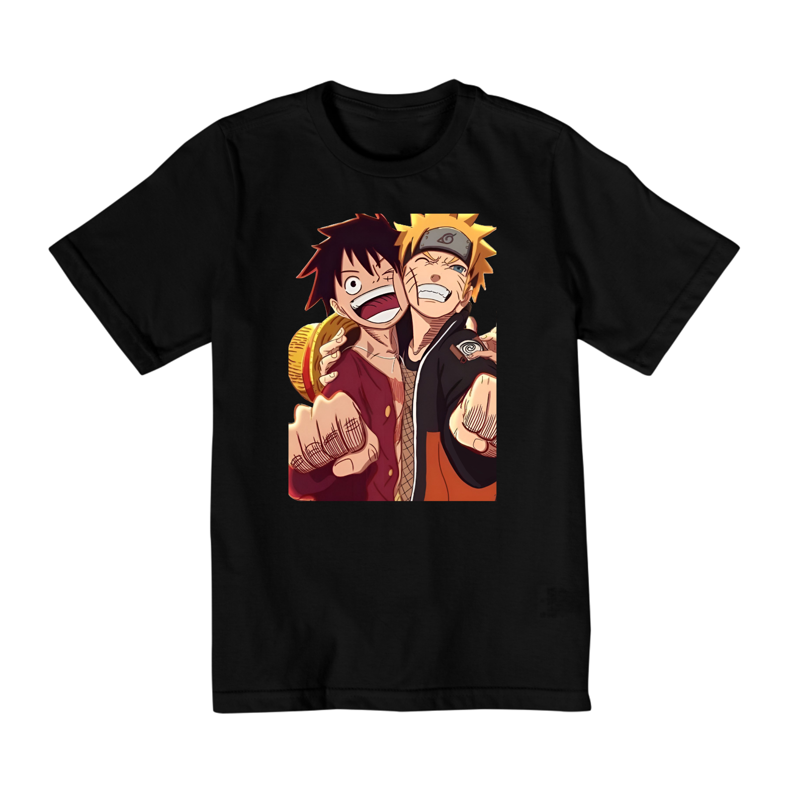 Camiseta infantil 2 Naruto e Luffy Abraçados e Sorrindo 