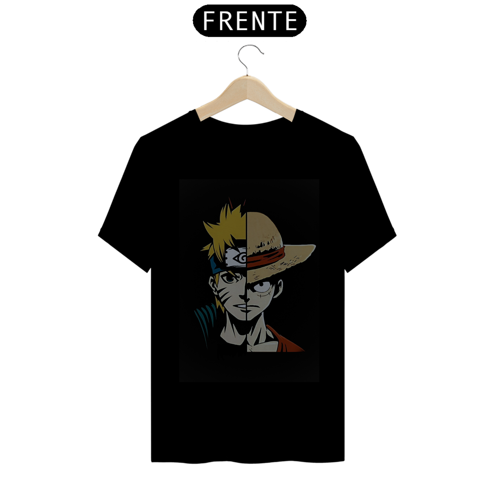 Camiseta Naruto e Luffy Rosto Meio a Meio 