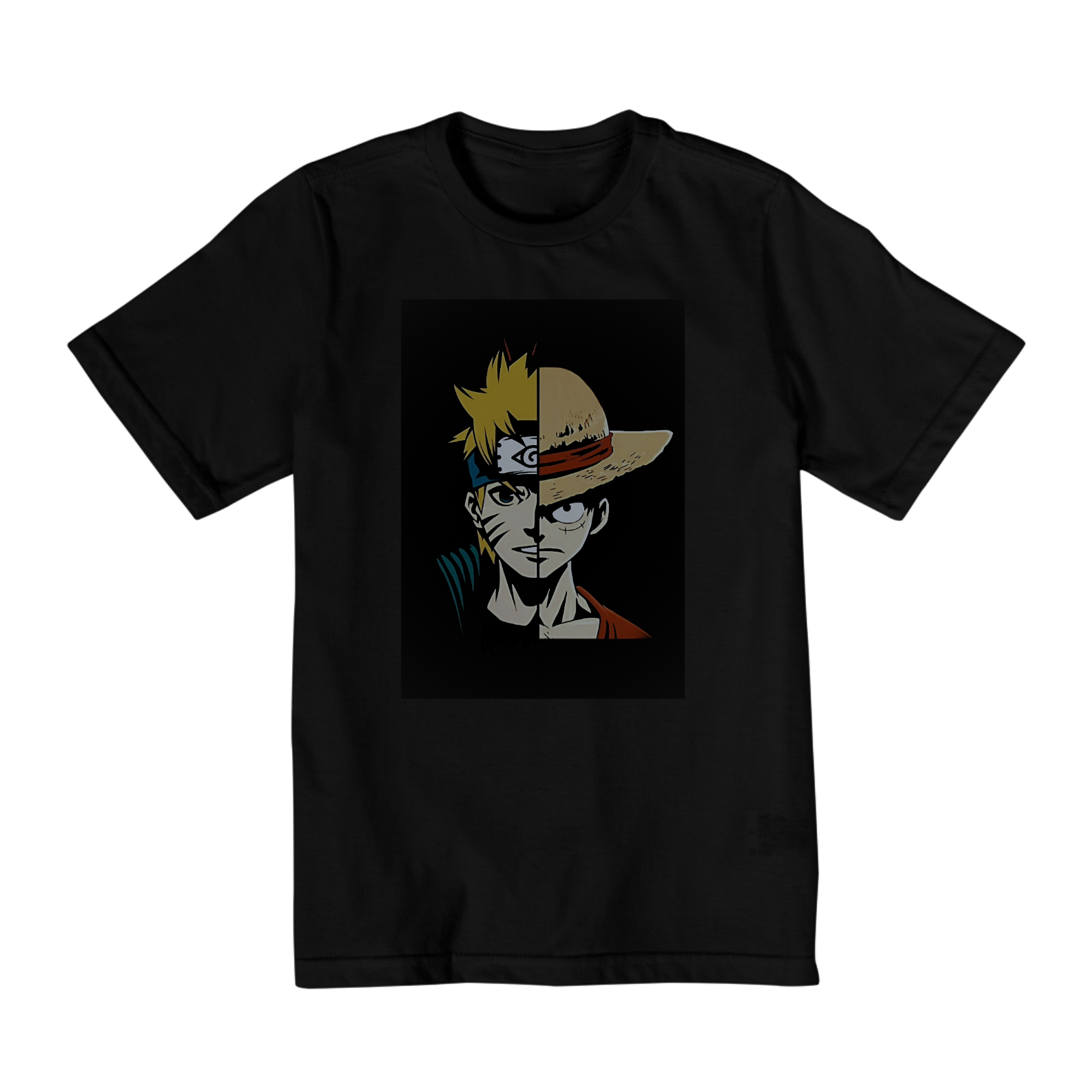 Camiseta infantil 2 Naruto e Luffy Rosto Meio a Meio 