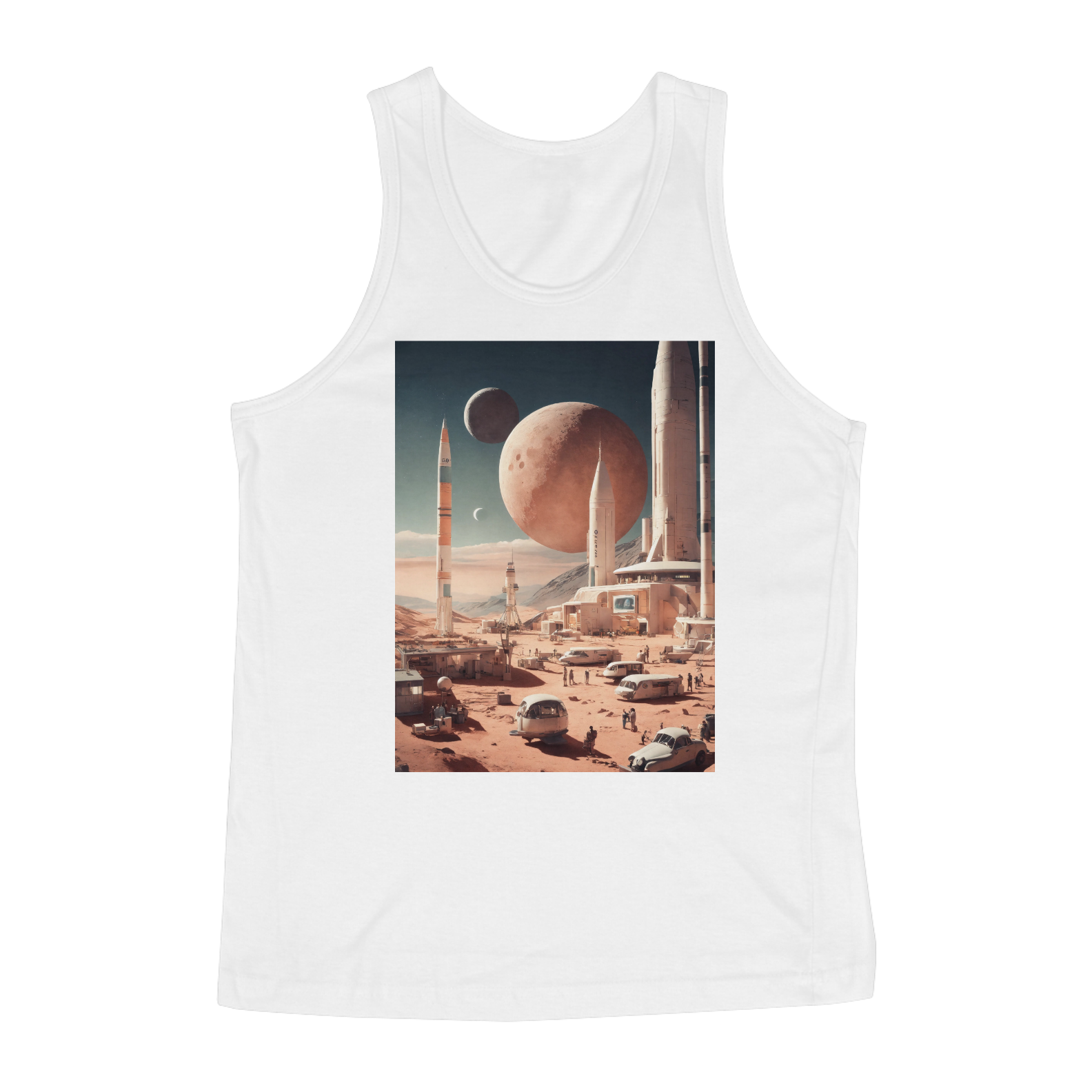 Nome do produto  camisetaBelos e premiados infográficos editoriais de arte 3D plana simples dos anos 50 de uma base lunar , cores pálidas , foco perfeito , fundo branco neutro , ângulo épico , composição épica , hiper maximalista