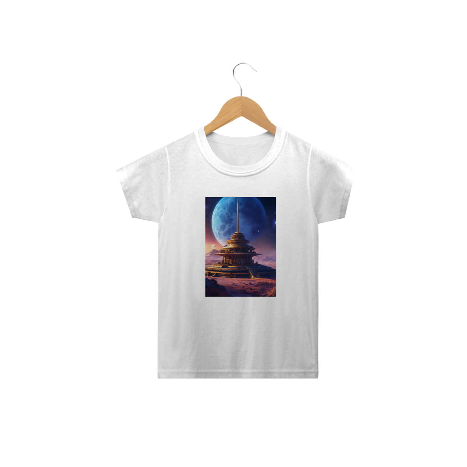 Nome do produto  camisetaBelo templo cósmico redondo índigo no centro de uma comunidade futurista , paisagem extraterrestre , planeta Sirius , a lua e as estrelas podem ser vistas no céu mesmo durante o dia