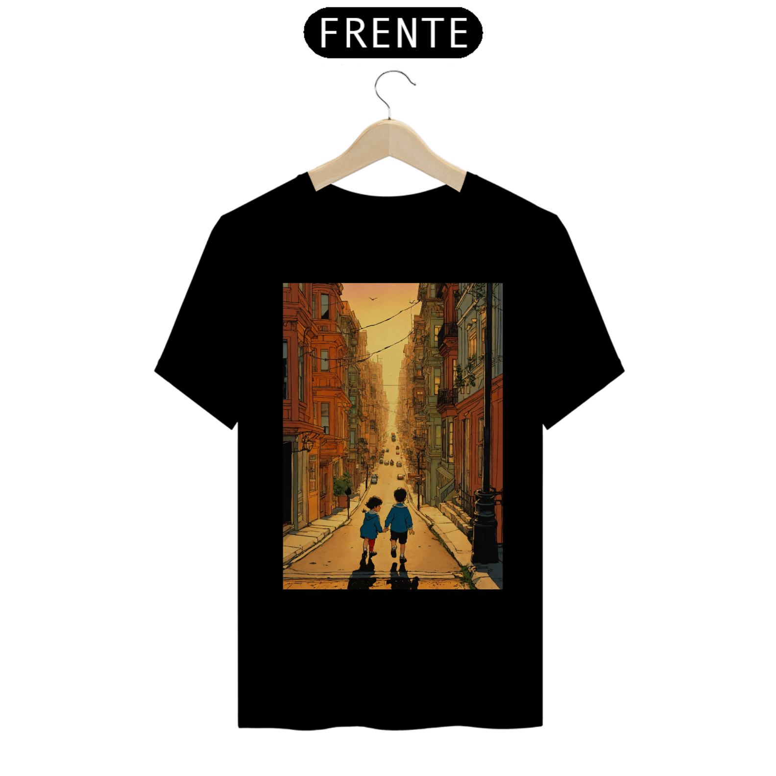 Nome do produto  camisetaBela ilustração de hergé de um menino e uma menina brincando nas ruas de São Francisco ao pôr do sol , cores vibrantes e arte comovente