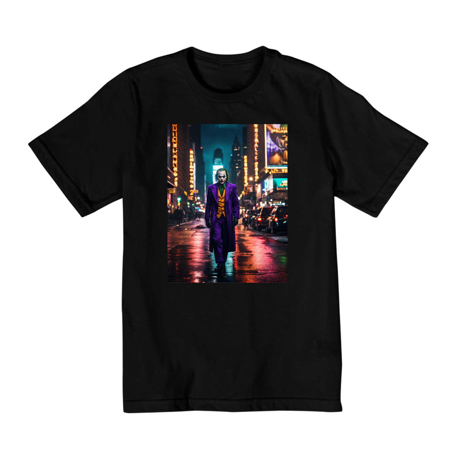 Nome do produto  Camiseta O curinga andando pelas ruas de Nova York , foto deslumbrante , estética sombria e temperamental , à noite , luzes da cidade ao fundo. surreal , 8k