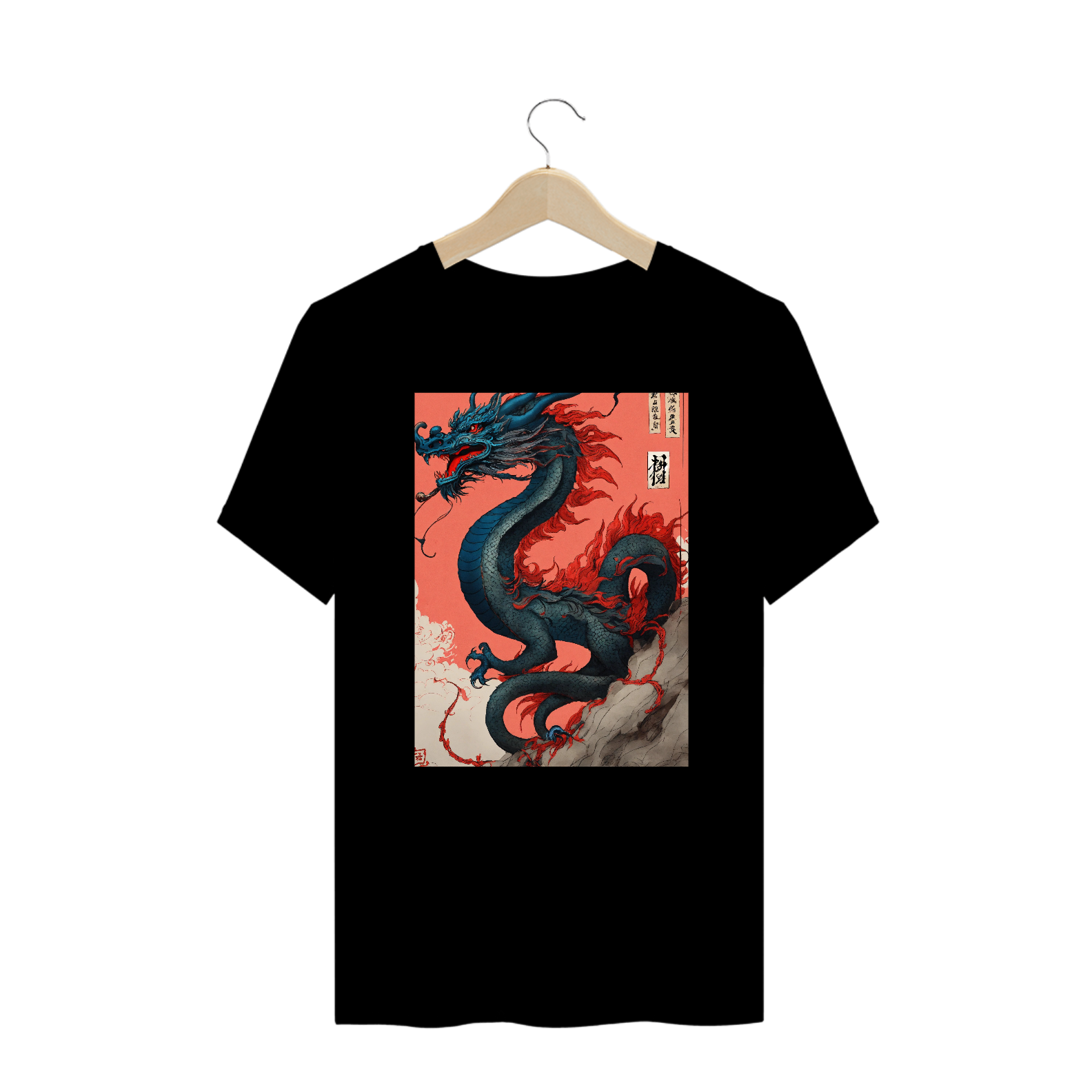 Nome do produto  Camiseta Shuǐmò huà ,水墨画, tinta preta e vermelha , um dragão em estilo chinês , arte em tinta de mschiffer , caprichoso , esboço grosseiro ,