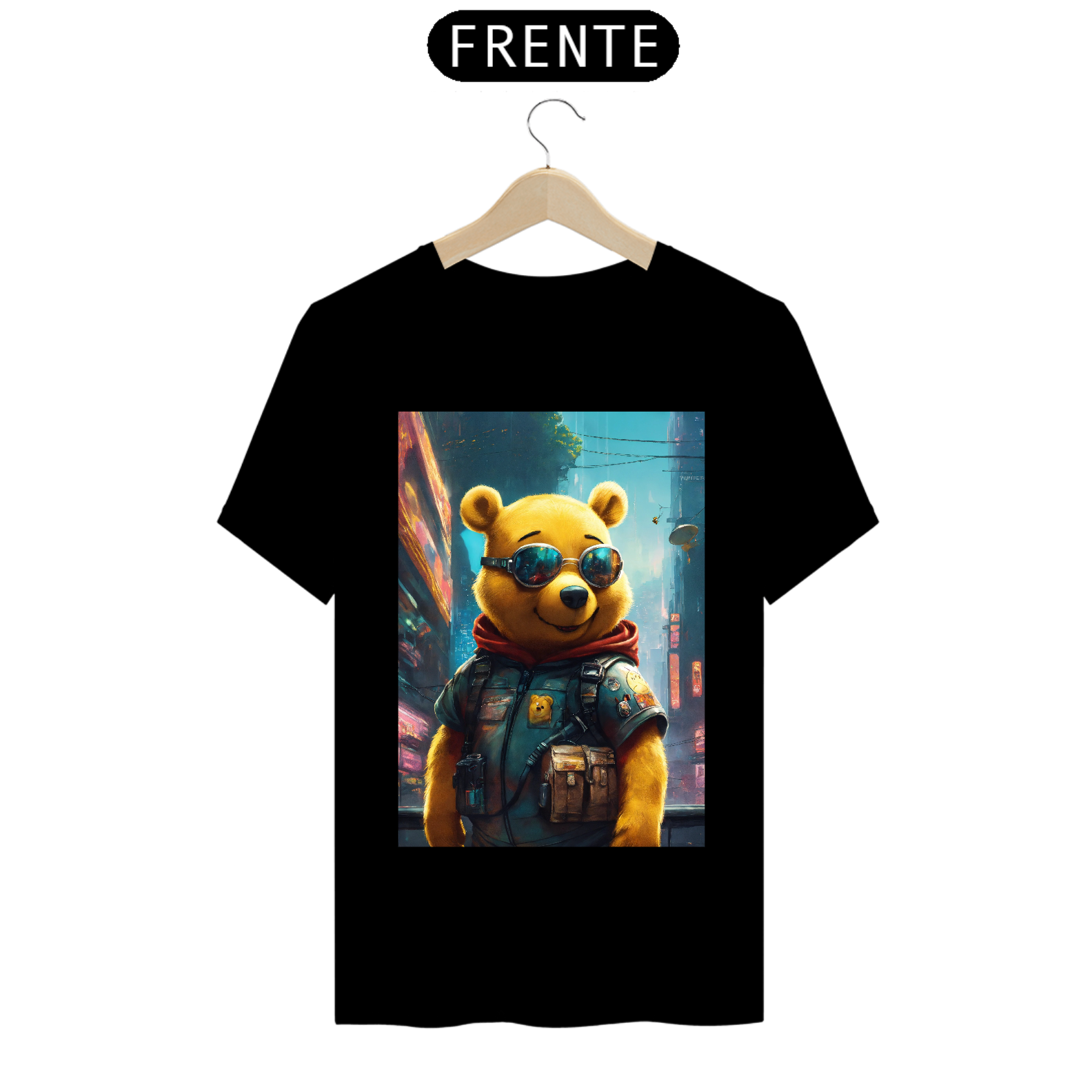 Nome do produto  CamisetaWinnie the Pooh vestindo um terno cyberpunk na cidade moderna e futurista