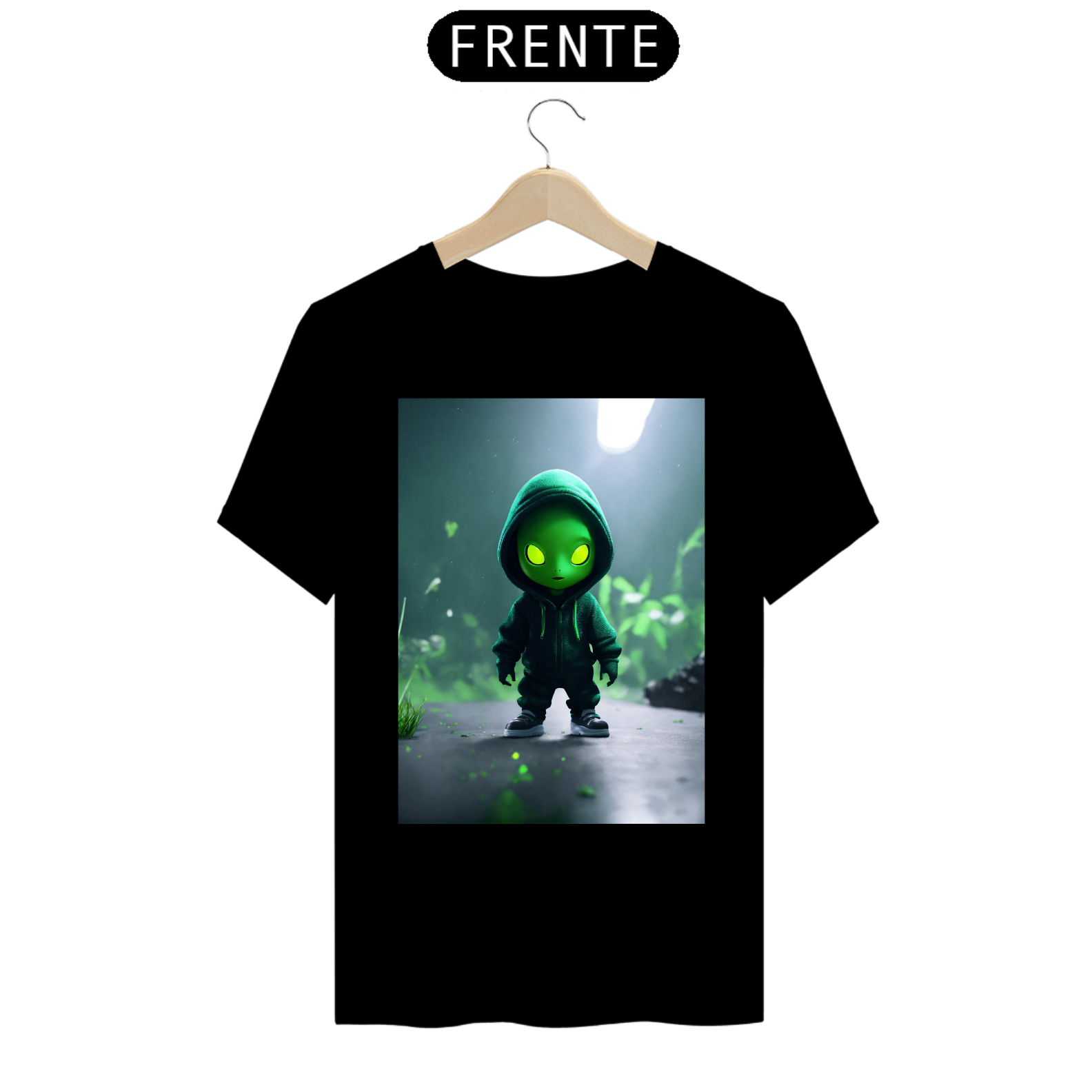 Nome do produto  CamisetaUm lindo alienígena verde com um capuz preto caindo no vazio em um fundo branco , renderização irreal do motor , 4k , cinematográfico