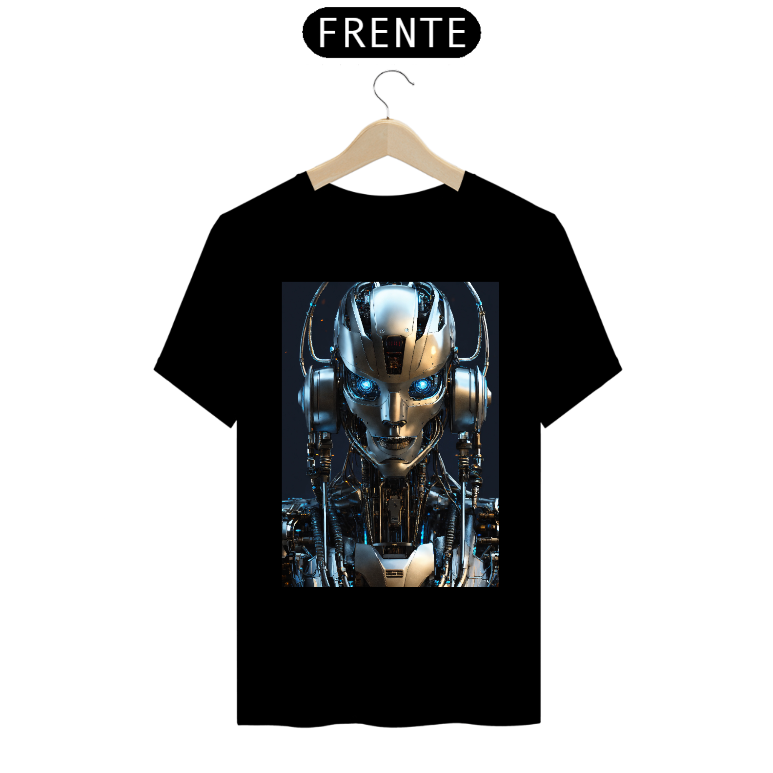 Nome do produto  CamisetaRobô cibernético {prompt} . Android , IA , máquina , metal , fios , tecnologia , futurista , altamente detalhado