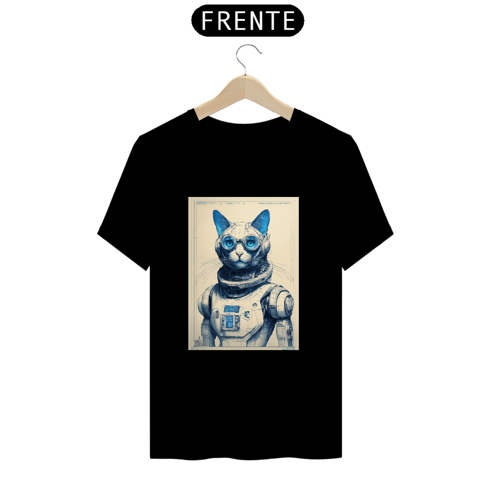 Nome do produto  CamisetaDe um gato cibernético realista 16k , desenhos técnicos vistos de frente e de lado em papel branco claro com texto de fundo em negrito como 