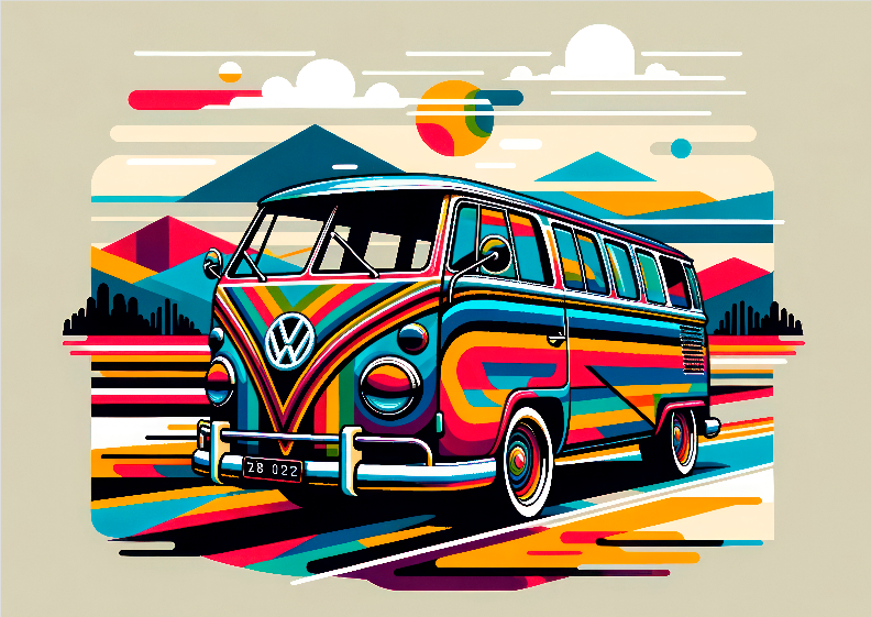 Nome do produto: Pôster Ilustração Estilo WPAP - Kombi - Sem Moldura - Orientação Paisagem - Tamanhos: A0, A1, A2 e A3 - Fine Art