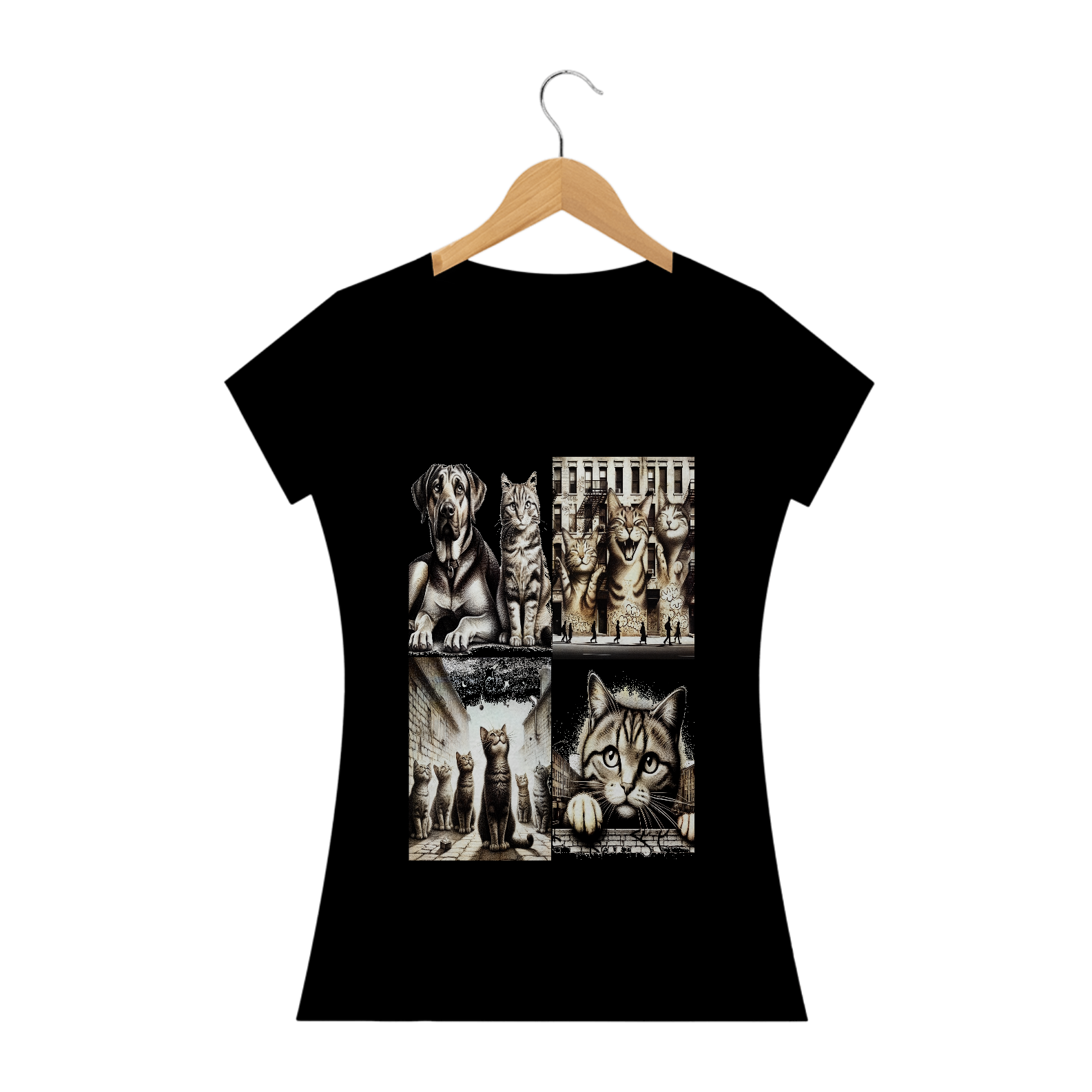 Camiseta Baby Long Classic -4 gatos e 1 cachorro