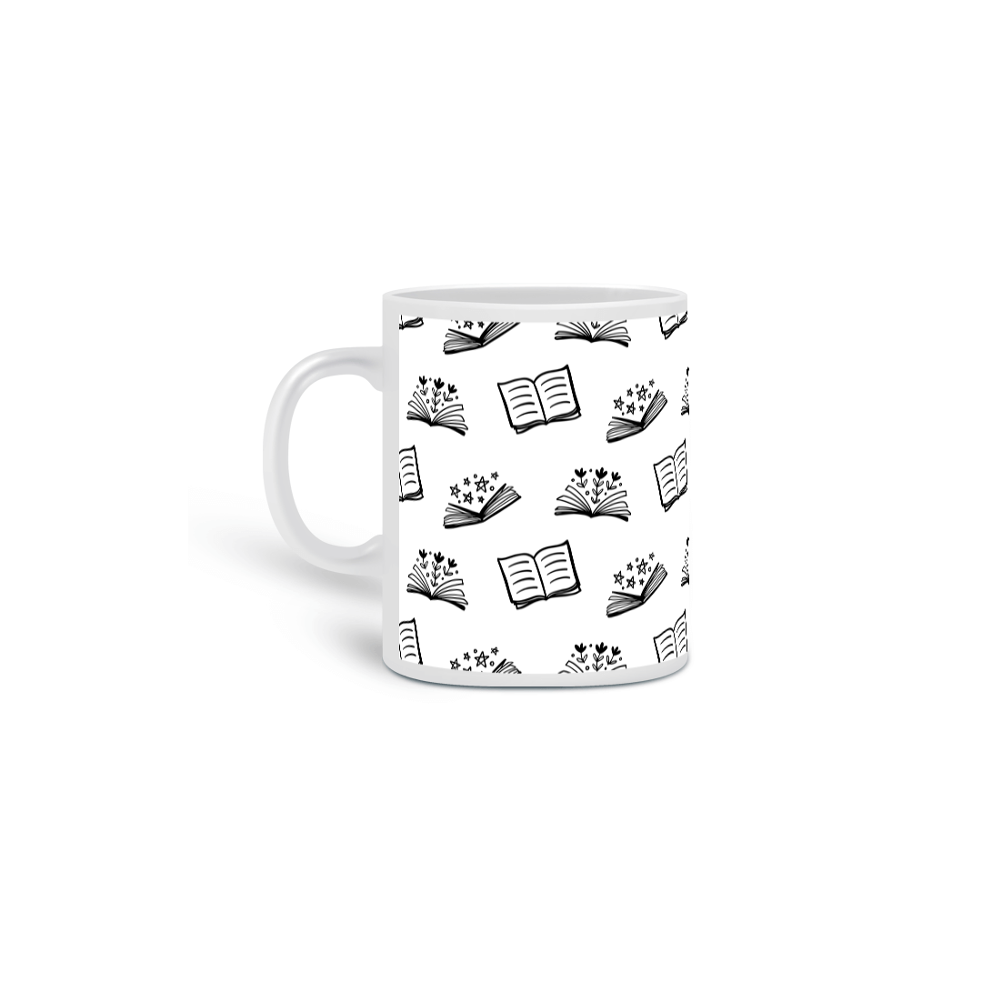 Caneca cheia de livros.
