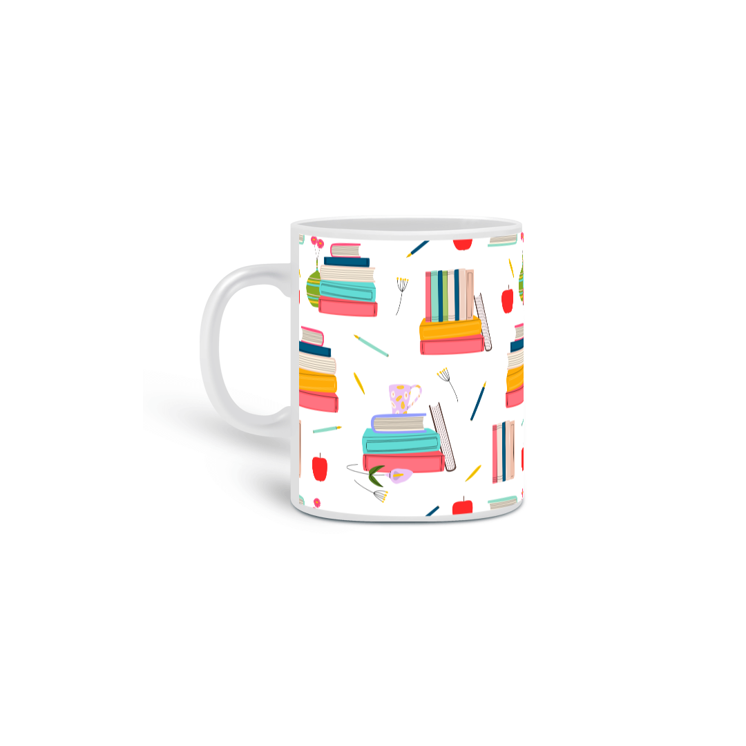 Caneca de livros com maçãs coloridas.