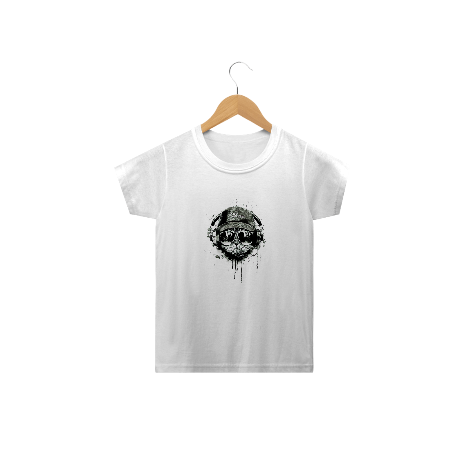 Nome do produto: Camiseta Infantil Gato Ouvindo Música de Boné e Óculos