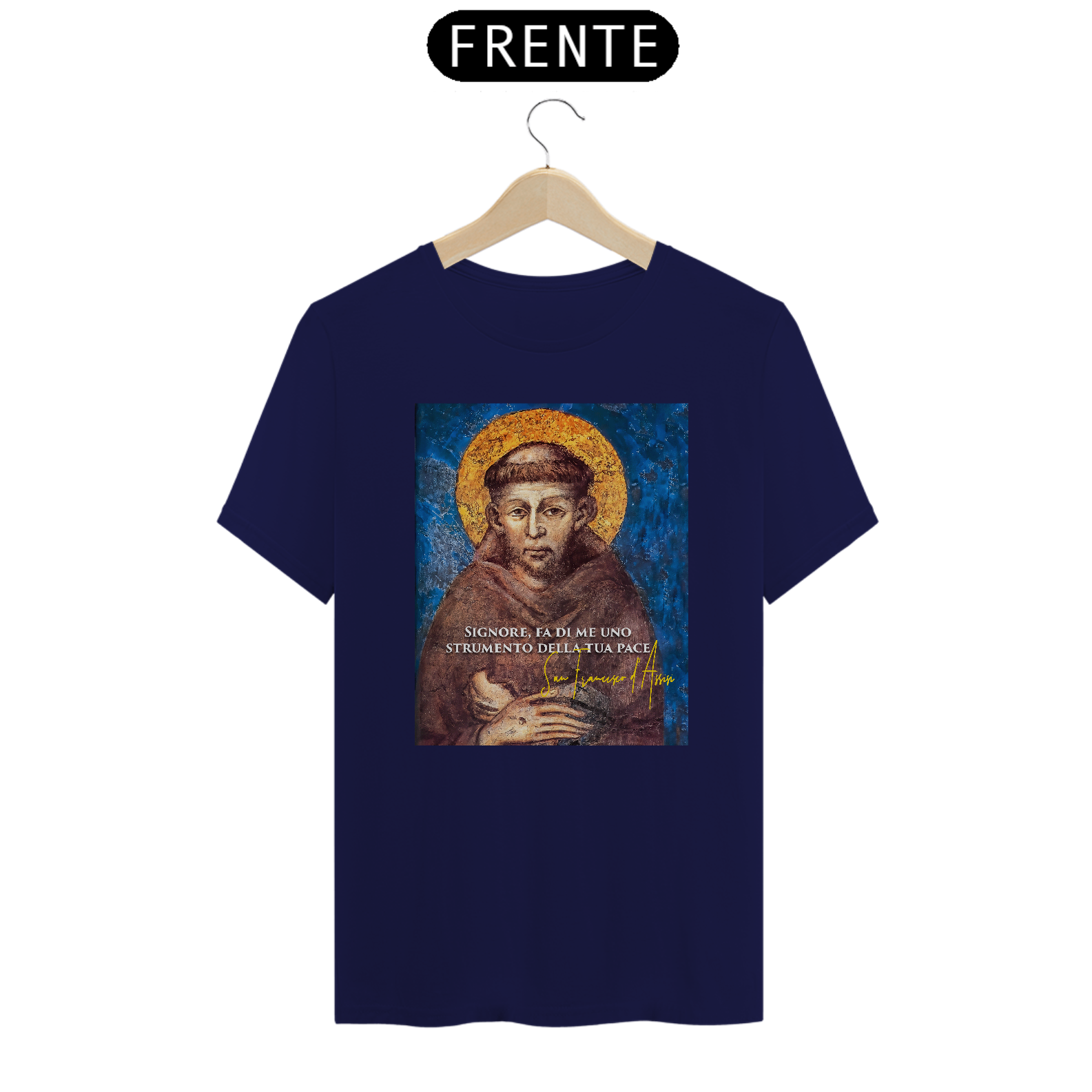Camiseta Basic São Francisco de Assis Afresco com frase em Italiano Signore, fa di me uno strumento della tua pace