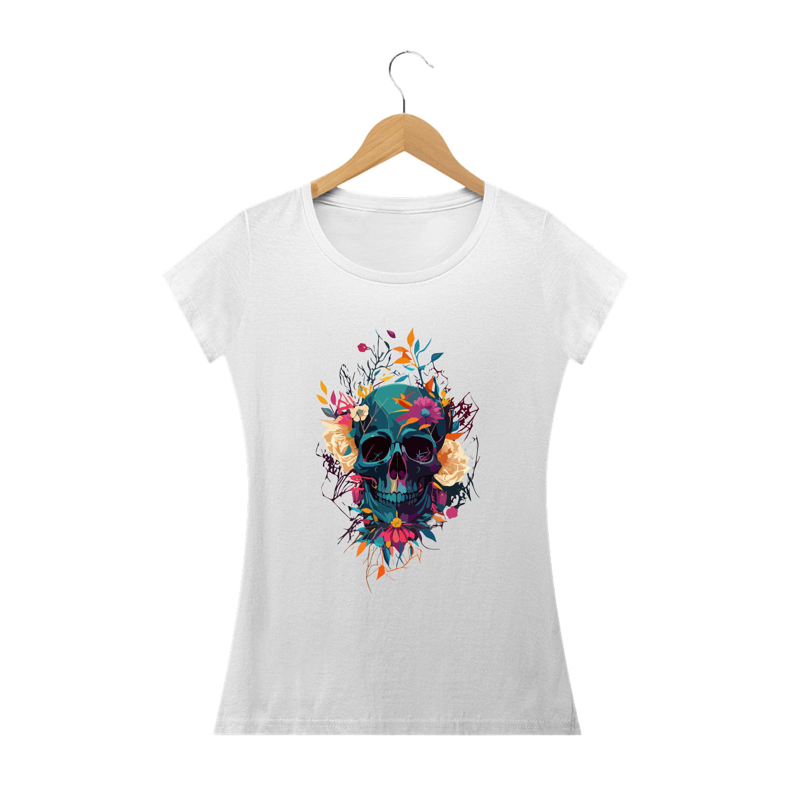 CAVEIRA MEXICANA WHITE FLOWERS - Camiseta Personalizada com Estampa de Caveira