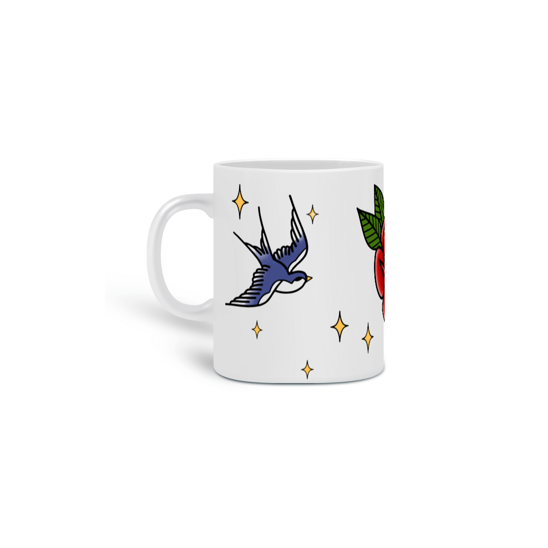 Nome do produto: Caneca Old School Classic - Andorinhas e Rosa