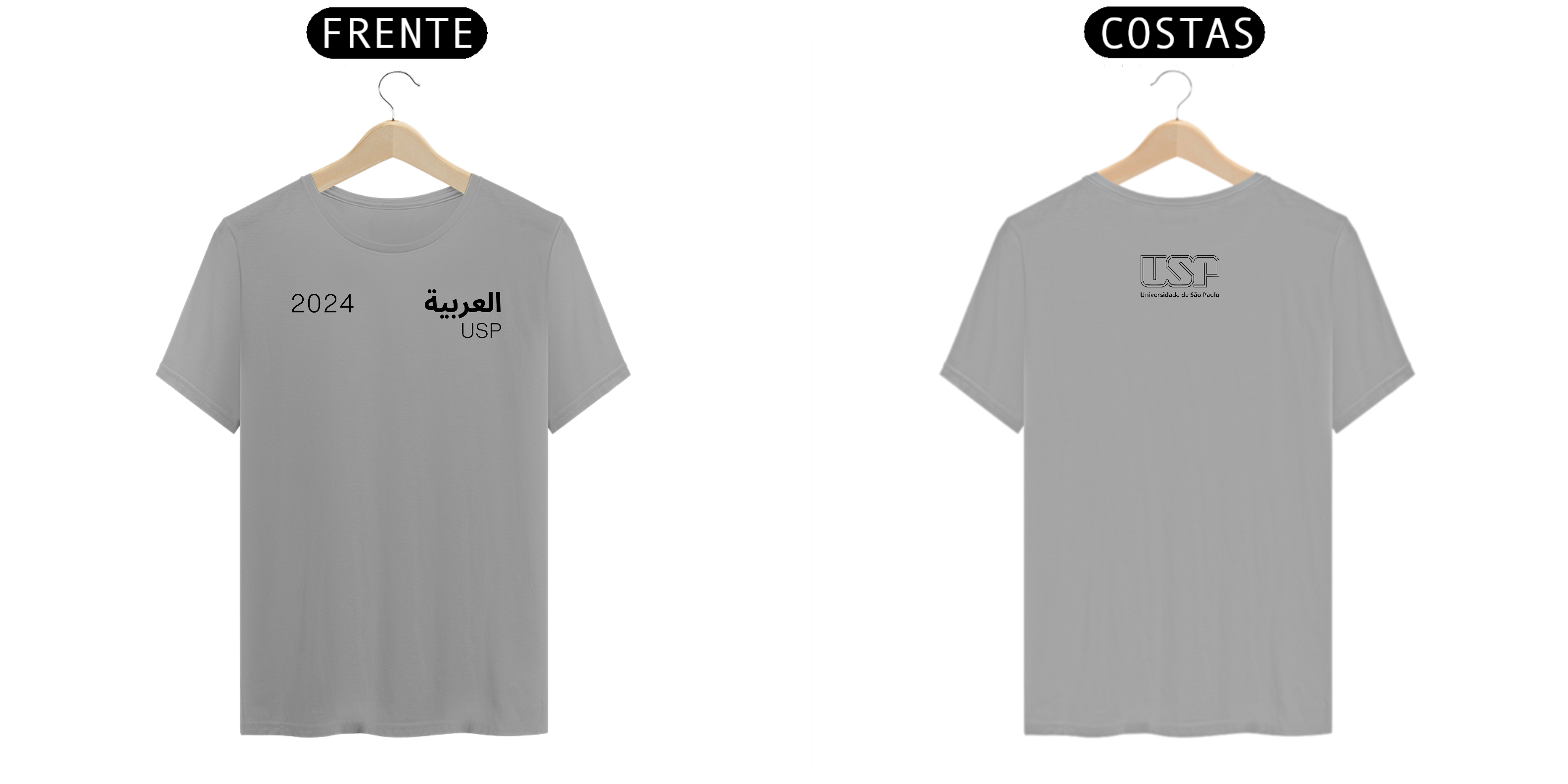 Camiseta Letras USP 2024 Árabe Modelo 1 com Logo nas Costas Cores Branca Amarela Cinza