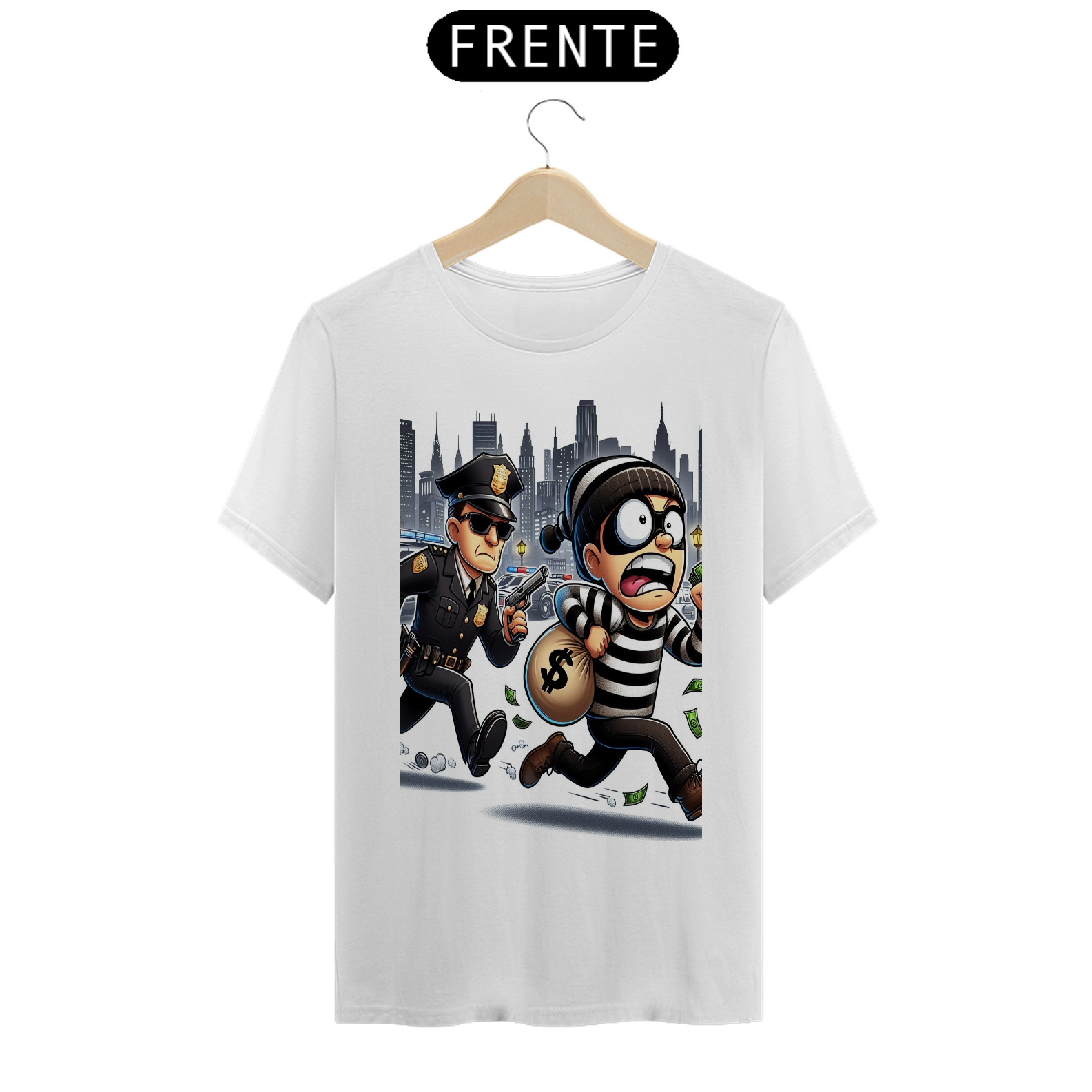 camisa estampa polícia e bandido t-shirt