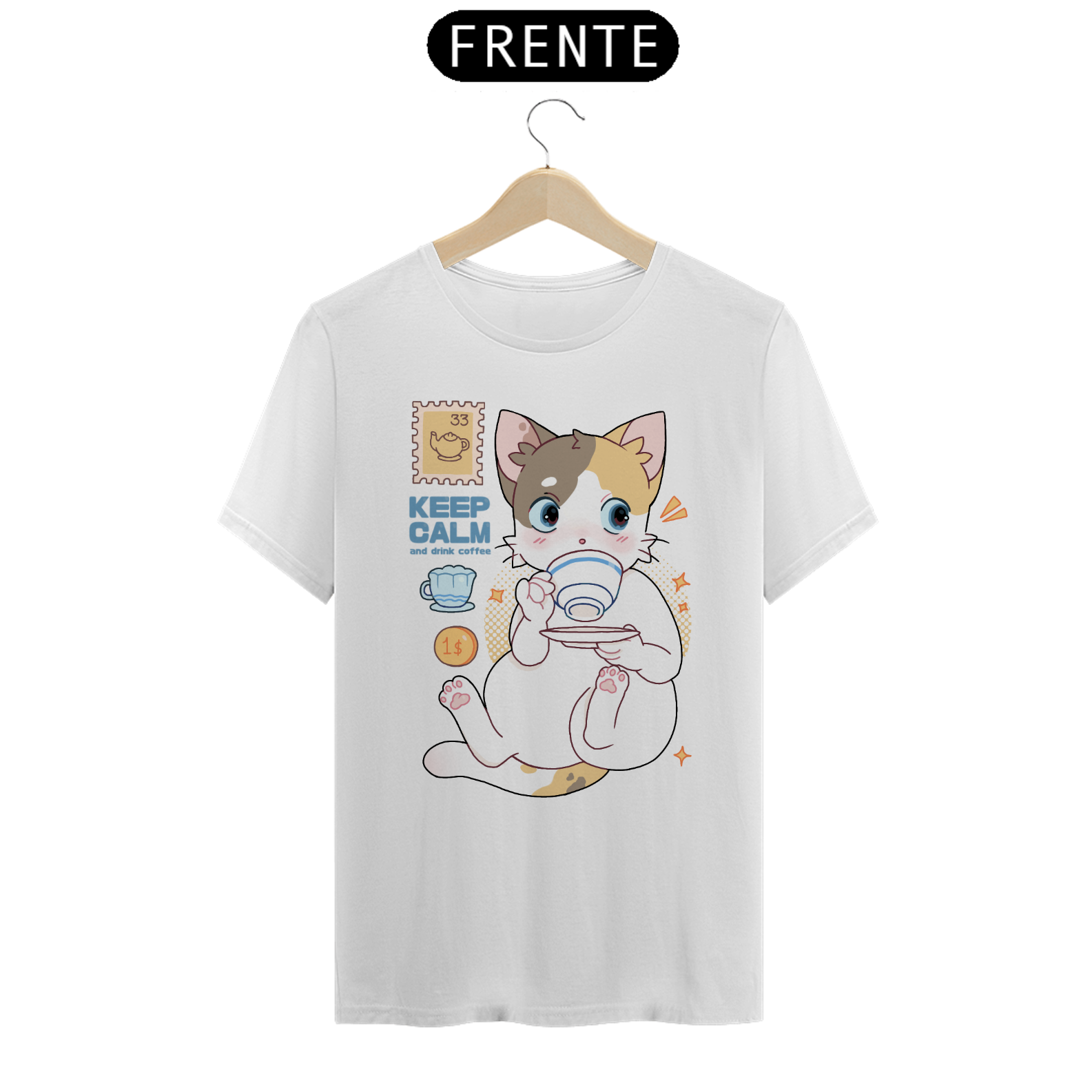 T-Shirt gatinho tomando café