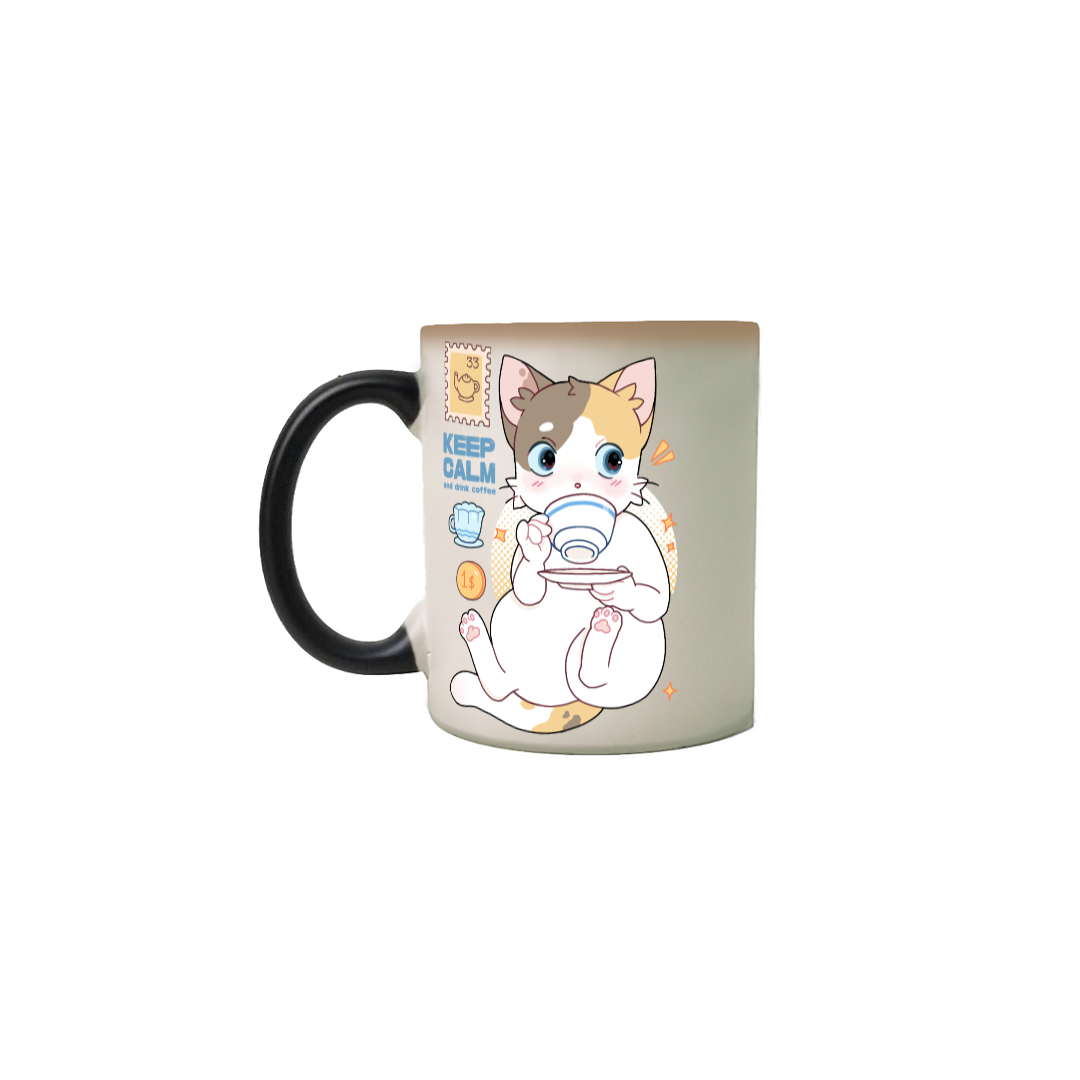 Caneca mágica gatinho tomando café
