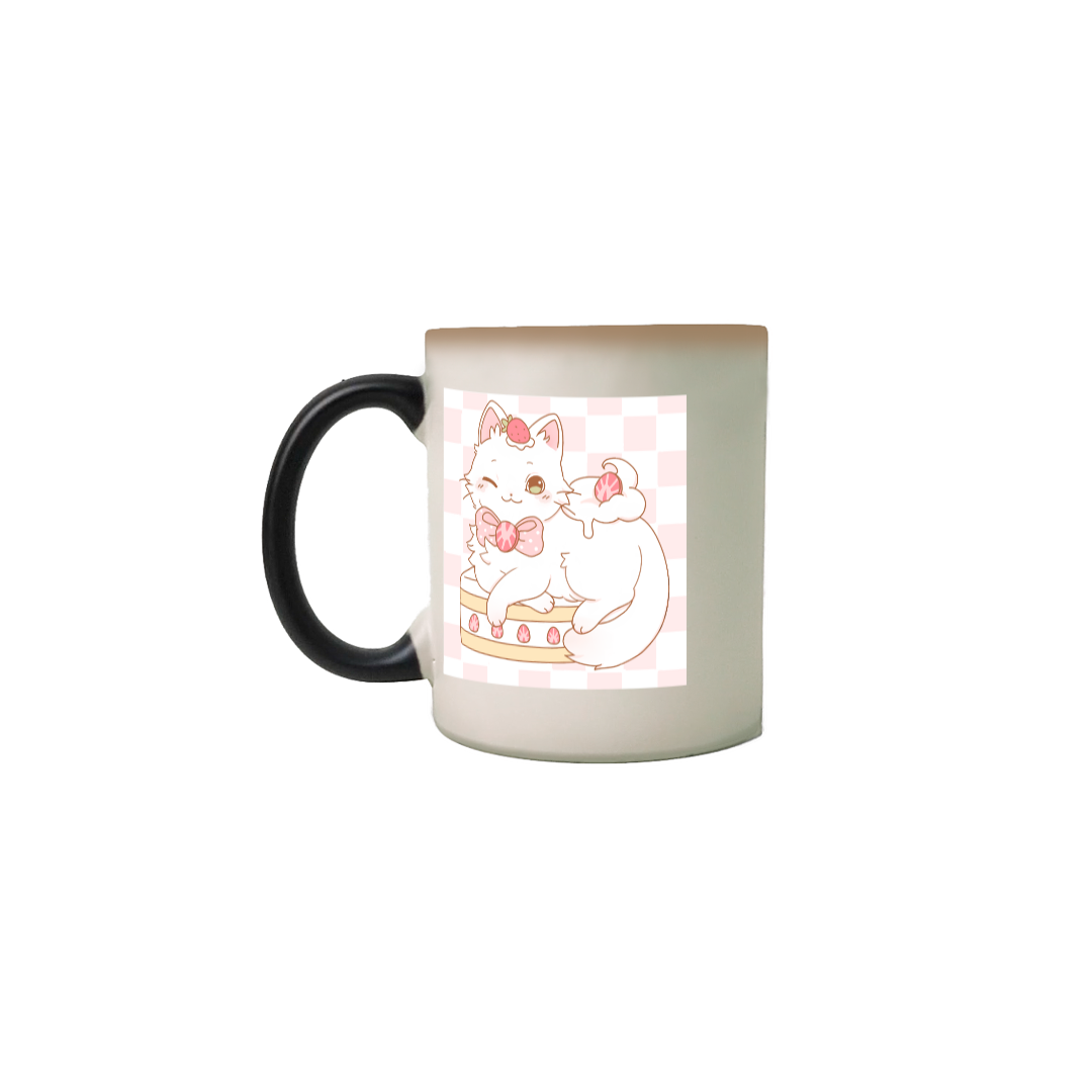 Caneca mágica gatinho bolo de morango