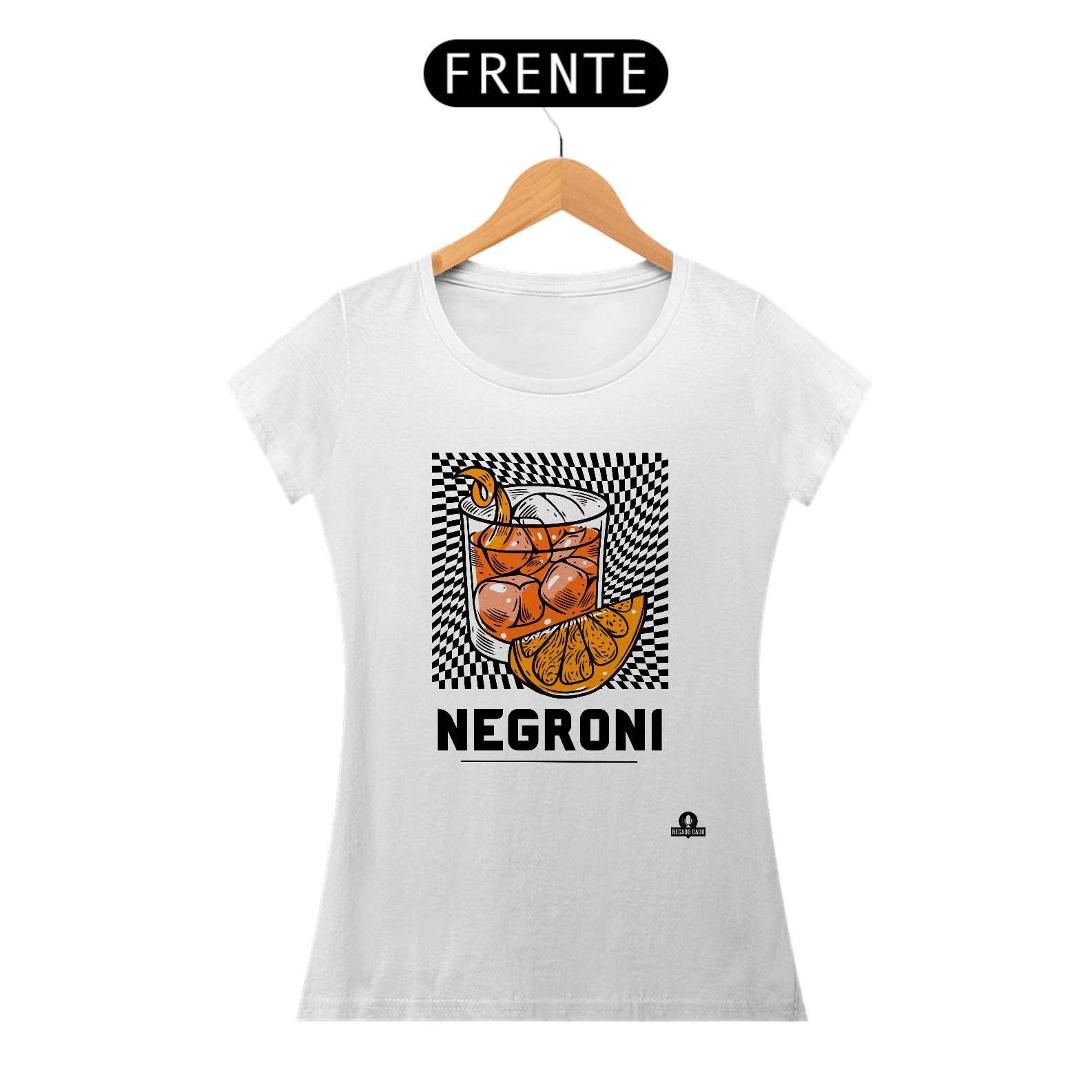 Camiseta de barman com estampa do famoso drink Negroni.