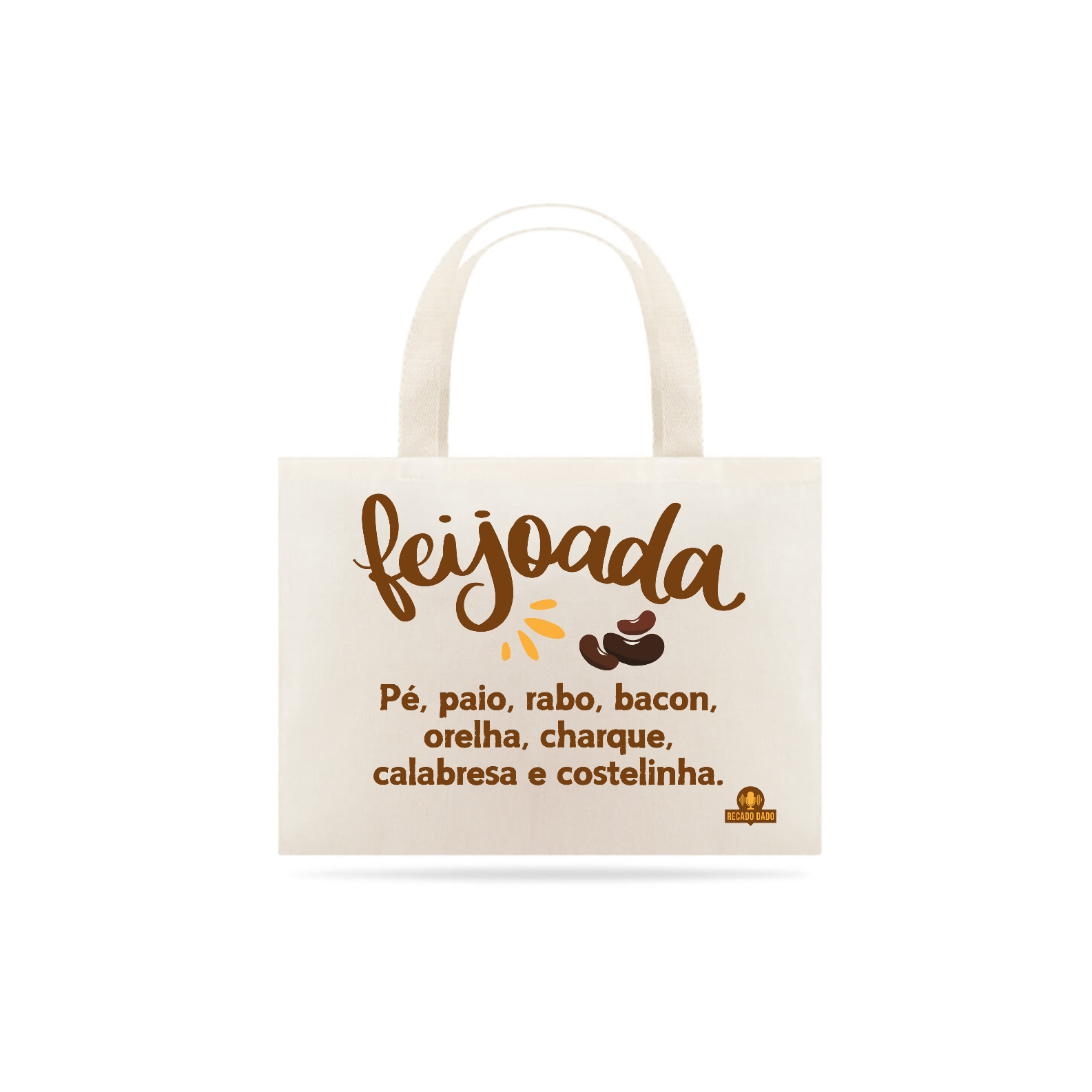 Ecobag com Ingredientes da feijoada, descrevendo os principais ingredientes de uma deliciosa feijoada.