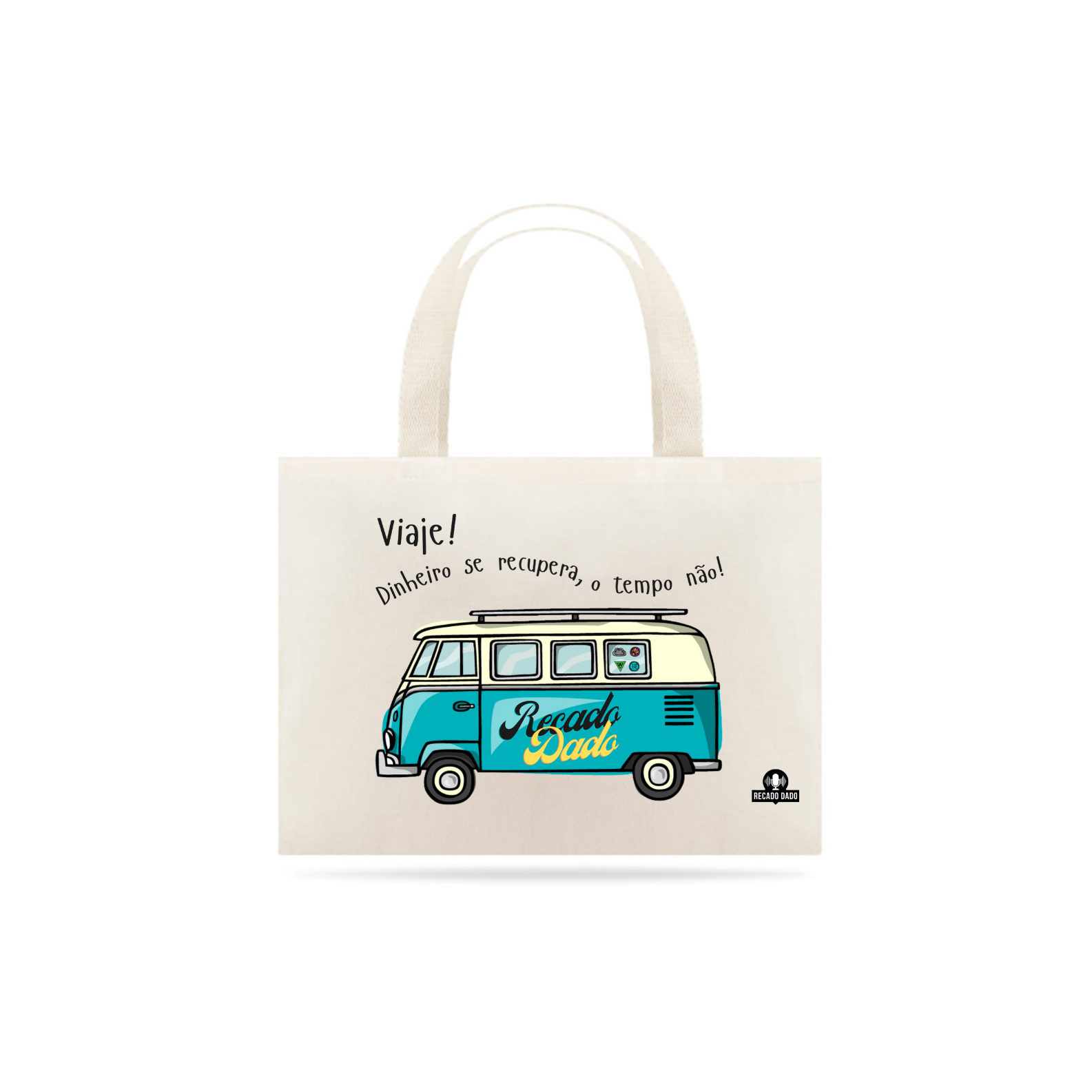 Ecobag de viagem com linda estampa de Kombi motor home e a frase 