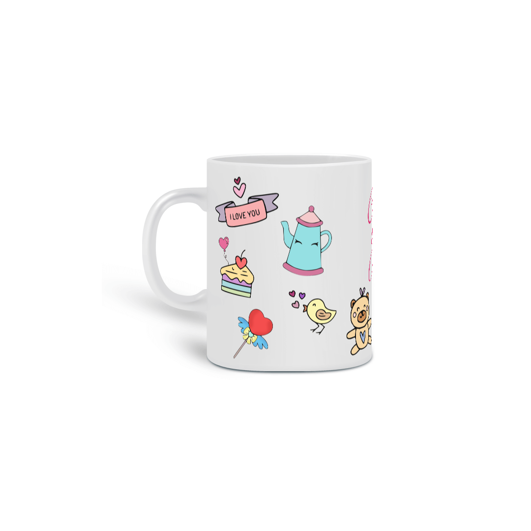 Caneca fofa para meninas, com desenhos fofos, e frase: Café com amor!