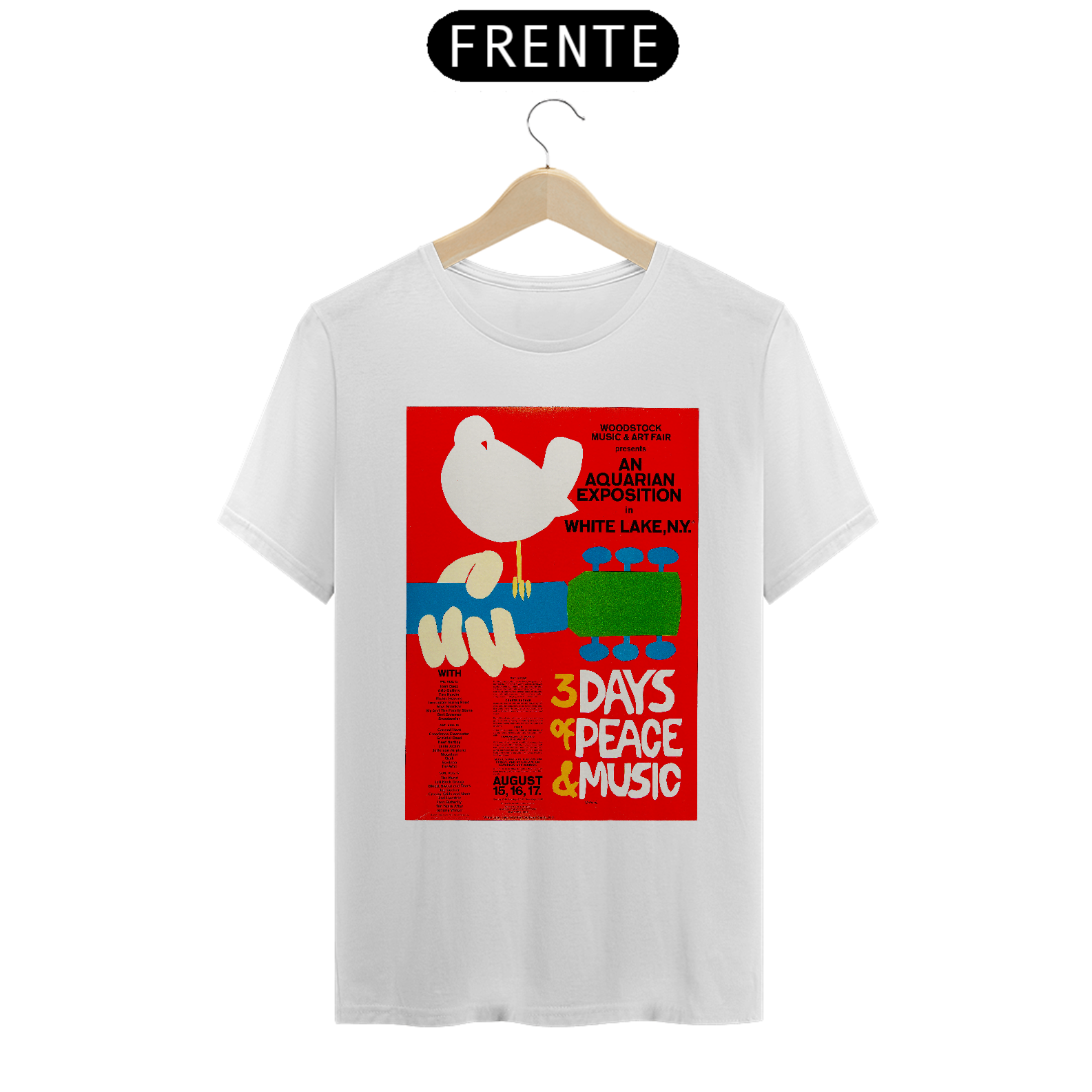 Nome do produto: Camiseta Poster Original Festival Woodstock de 1969 - - NOSSAS CAMISETAS SÃO MAIS AJUSTADAS AO CORPO - ANTES DE FINALIZAR, VEJA TABELA DE MEDIDAS ABAIXO DO BOTÃO COMPRAR OU COMPRE UM TAMANHO MAIOR.