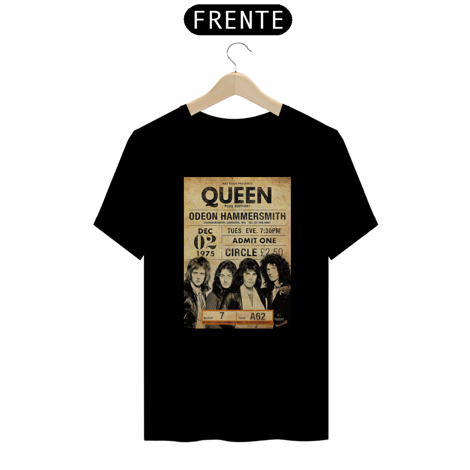 Camiseta Queen Show em Hammersmith 1975 - ANTES DE COMPRAR VEJA TABELA DE MEDIDAS ABAIXO DO BOTÃO COMPRAR, POIS TROCA POR ERRO DE TAMANHO É DE RESPONSABILIDADE SUA E GERA CUSTO PRA VOCÊ