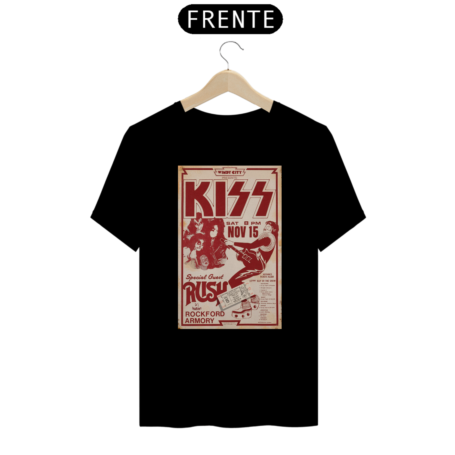 Camiseta Kiss Show 1975 Illinois com seu ingresso original - ANTES DE COMPRAR VEJA TABELA DE MEDIDAS ABAIXO DO BOTÃO COMPRAR, POIS TROCA POR ERRO DE TAMANHO É DE RESPONSABILIDADE SUA E GERA CUSTO PRA VOCÊ