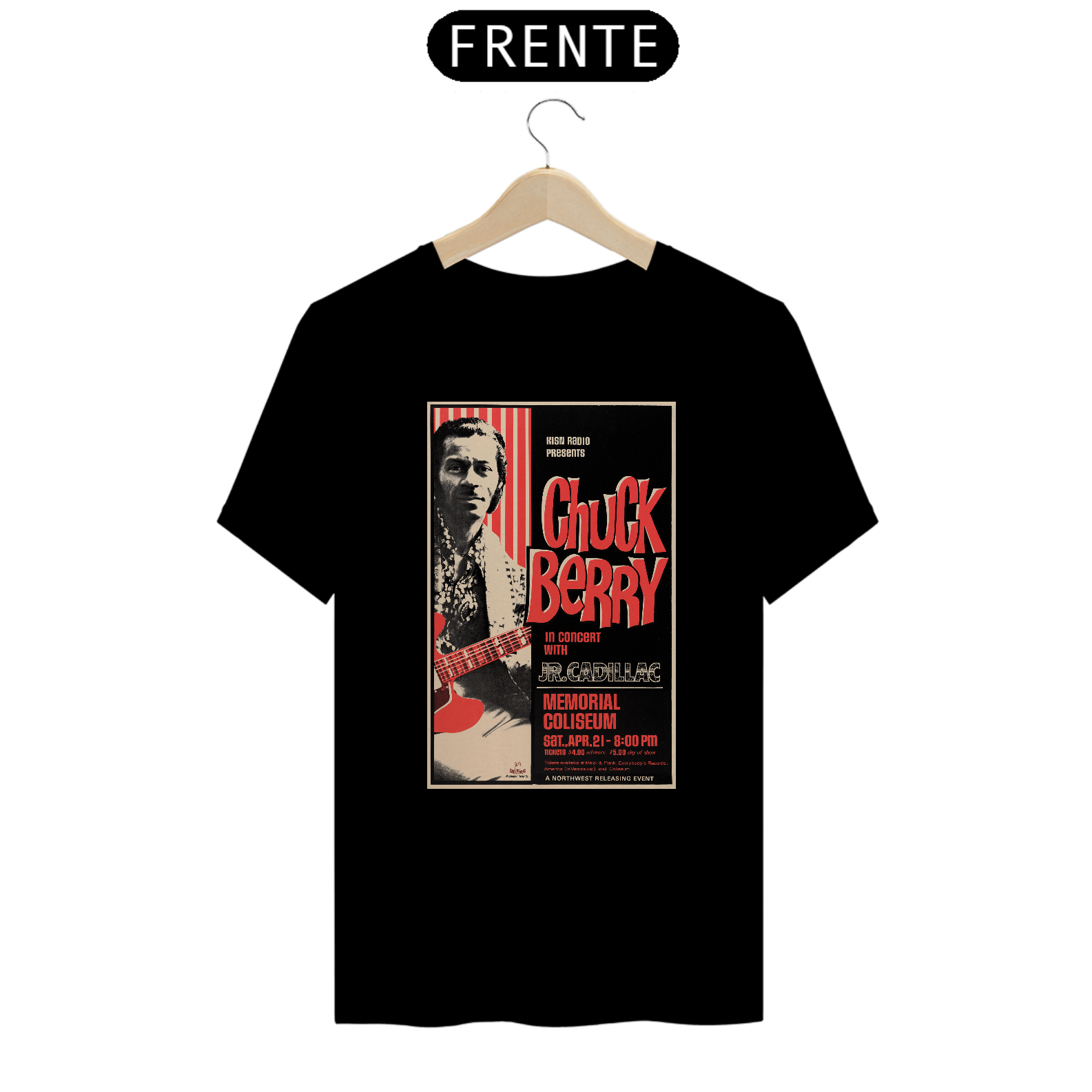 Camiseta Chuck Berry Show em Portland 1973 - ANTES DE COMPRAR VEJA TABELA DE MEDIDAS ABAIXO DO BOTÃO COMPRAR, POIS TROCA POR ERRO DE TAMANHO É DE RESPONSABILIDADE SUA E GERA CUSTO PRA VOCÊ