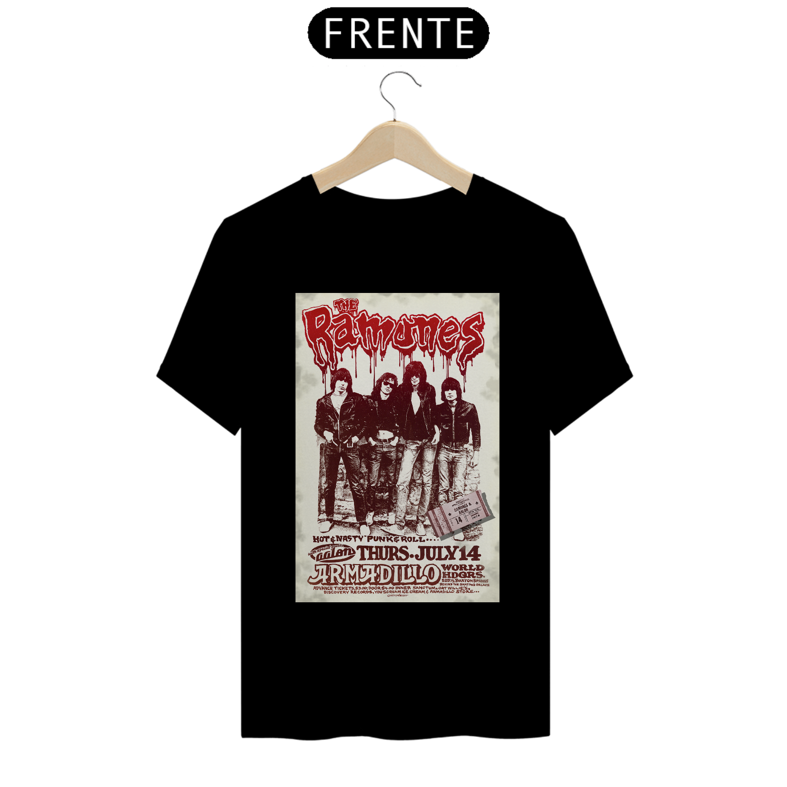Camiseta Ramones Show no Texas 1977 com seu ingresso original - ANTES DE COMPRAR VEJA TABELA DE MEDIDAS ABAIXO DO BOTÃO COMPRAR, POIS TROCA POR ERRO DE TAMANHO É DE RESPONSABILIDADE SUA E GERA CUSTO PRA VOCÊ