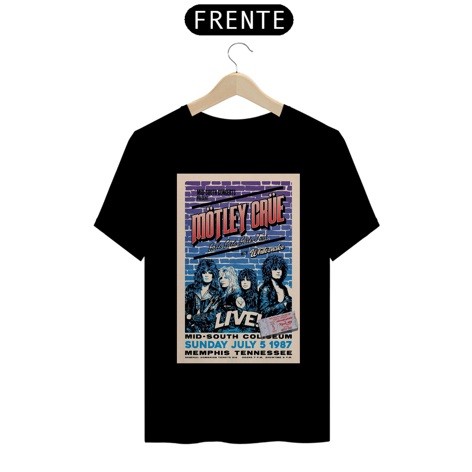 Camiseta Motley Crue Show em Memphis 1987 com abertura do Whitesnake com ingresso original - ANTES DE COMPRAR VEJA TABELA DE MEDIDAS ABAIXO DO BOTÃO COMPRAR, POIS TROCA POR ERRO DE TAMANHO É DE RESPONSABILIDADE SUA E GERA CUSTO PRA VOCÊ