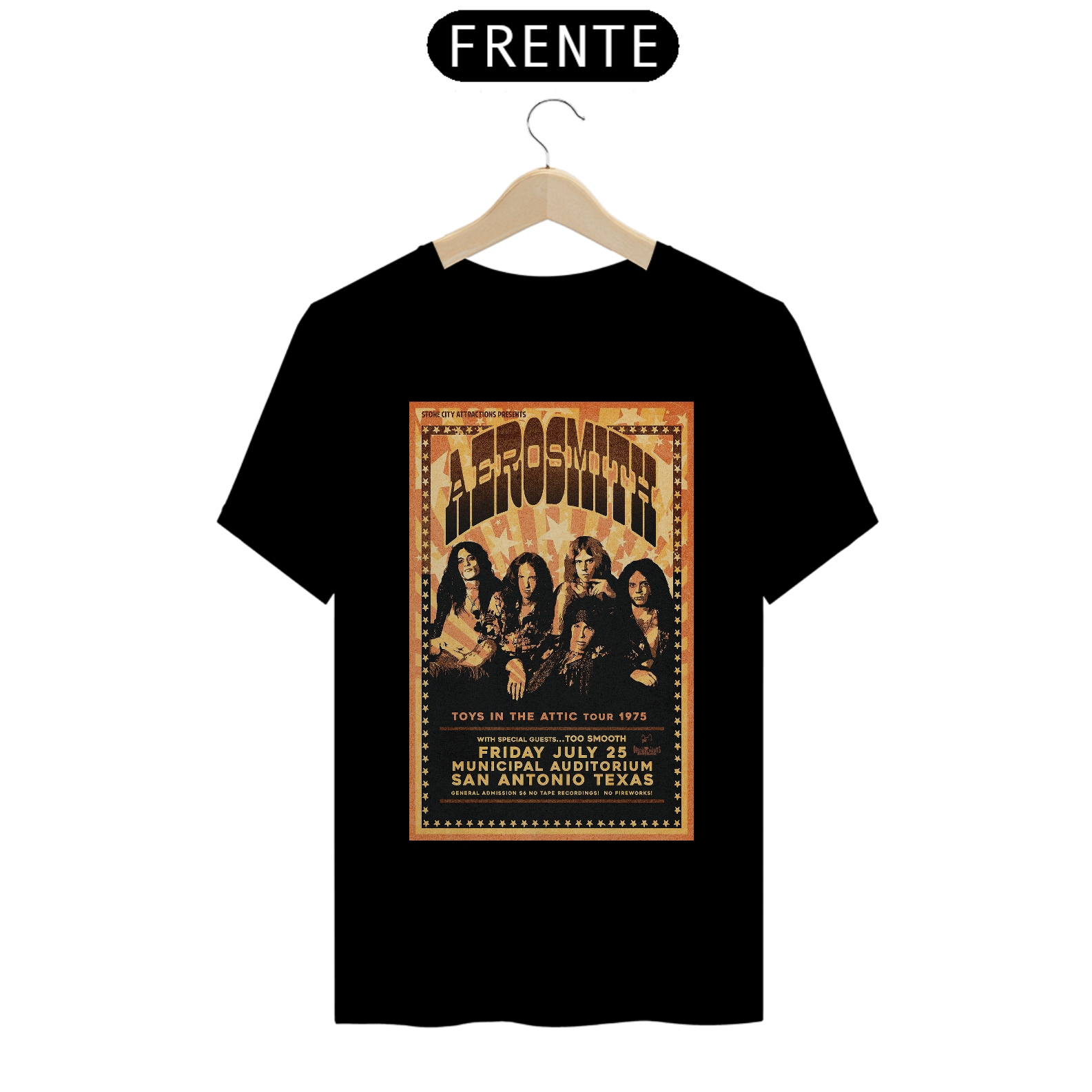Camiseta Aerosmith Show de 1975 no Texas - ANTES DE COMPRAR VEJA TABELA DE MEDIDAS ABAIXO DO BOTÃO COMPRAR, POIS TROCA POR ERRO DE TAMANHO É DE RESPONSABILIDADE SUA E GERA CUSTO PRA VOCÊ