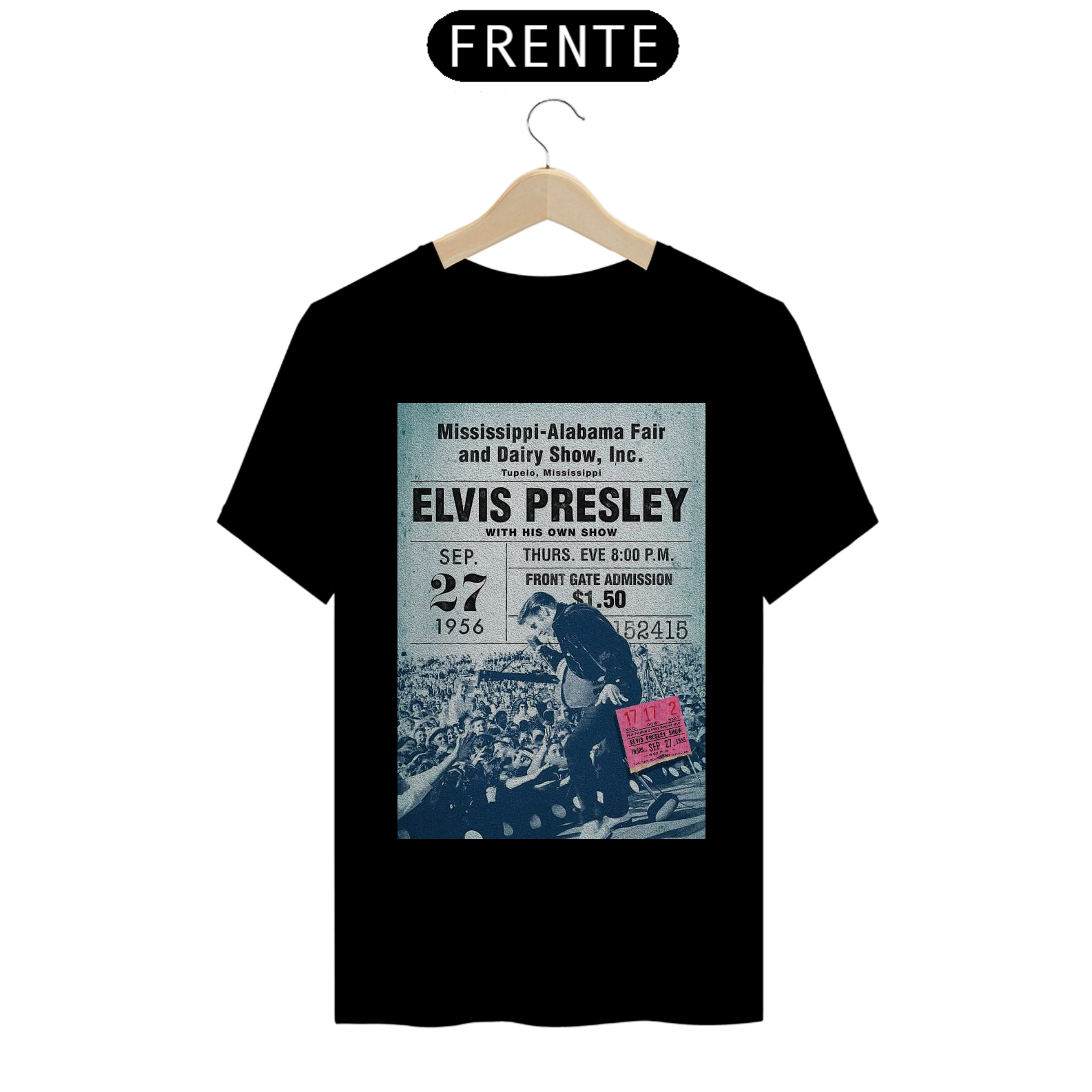 Camiseta Elvis Presley - Mississipi 1956 com ingresso original - ANTES DE COMPRAR VEJA TABELA DE MEDIDAS ABAIXO DO BOTÃO COMPRAR, POIS TROCA POR ERRO DE TAMANHO É DE RESPONSABILIDADE SUA E GERA CUSTO PRA VOCÊ