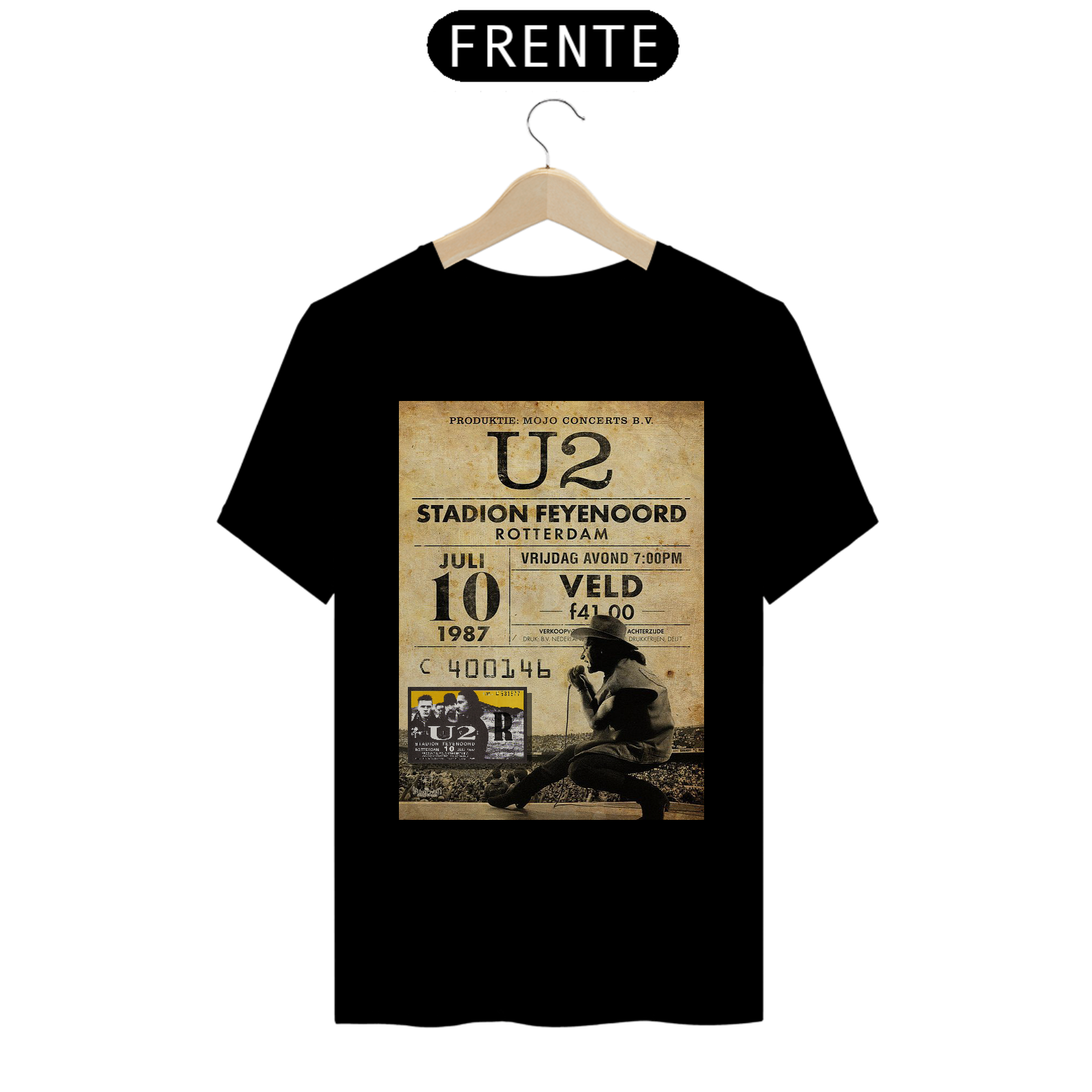 Camiseta U2 Joshua Tree Tour 1987 na Holanda com ingresso original - ANTES DE COMPRAR VEJA TABELA DE MEDIDAS ABAIXO DO BOTÃO COMPRAR, POIS TROCA POR ERRO DE TAMANHO É DE RESPONSABILIDADE SUA E GERA CUSTO PRA VOCÊ