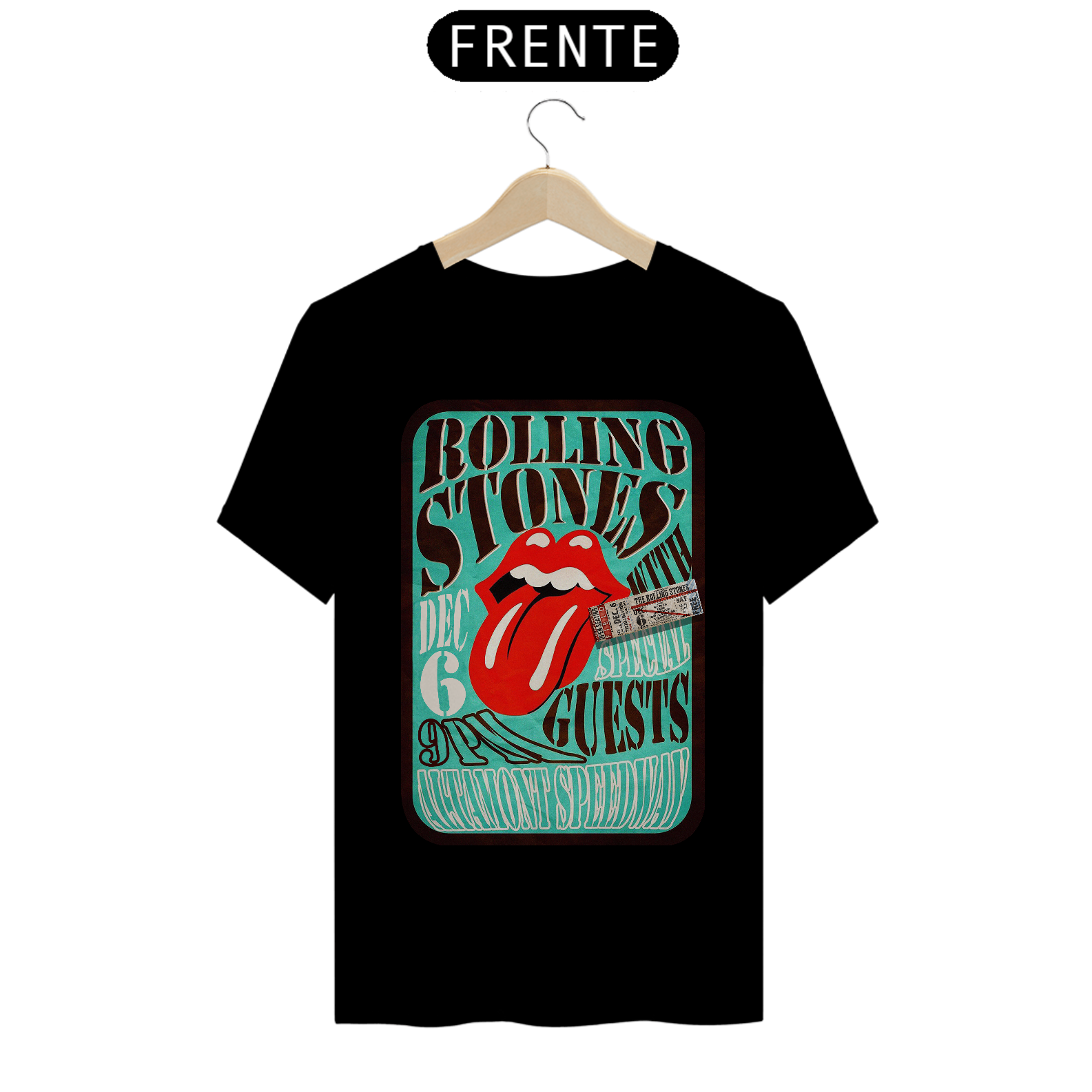 Camiseta do polêmico show dos Rolling Stones de 1969 no violento festival em Altamont com seu ingresso original - ANTES DE COMPRAR VEJA TABELA DE MEDIDAS ABAIXO DO BOTÃO COMPRAR, POIS TROCA POR ERRO DE TAMANHO É DE RESPONSABILIDADE SUA E GERA CUSTO P