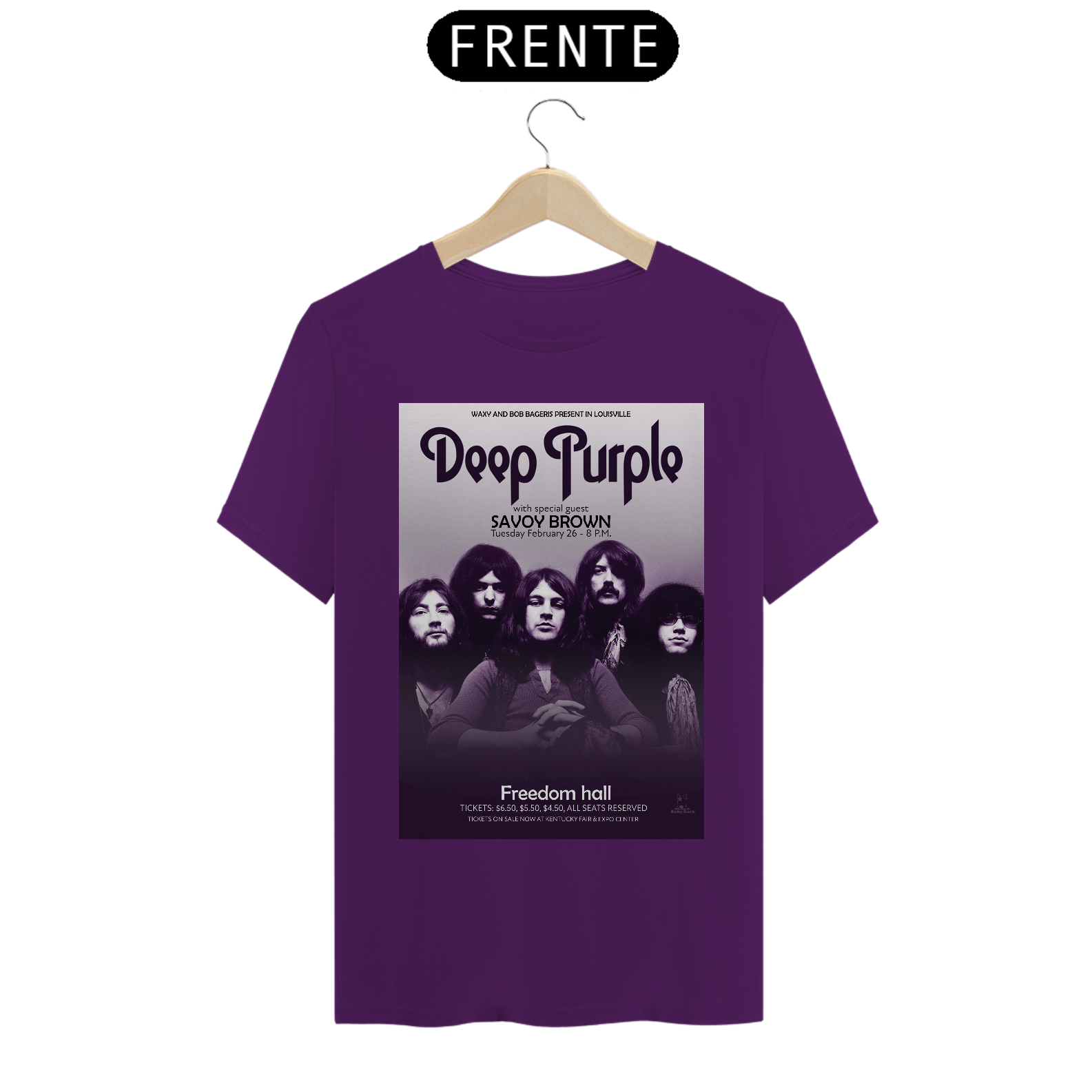 Camiseta Deep Purple Show em Louisville de 1974 -  NOSSAS CAMISETAS SÃO MAIS AJUSTADAS AO CORPO - ANTES DE FINALIZAR, VEJA TABELA DE MEDIDAS ABAIXO DO BOTÃO COMPRAR OU COMPRE UM TAMANHO MAIOR.