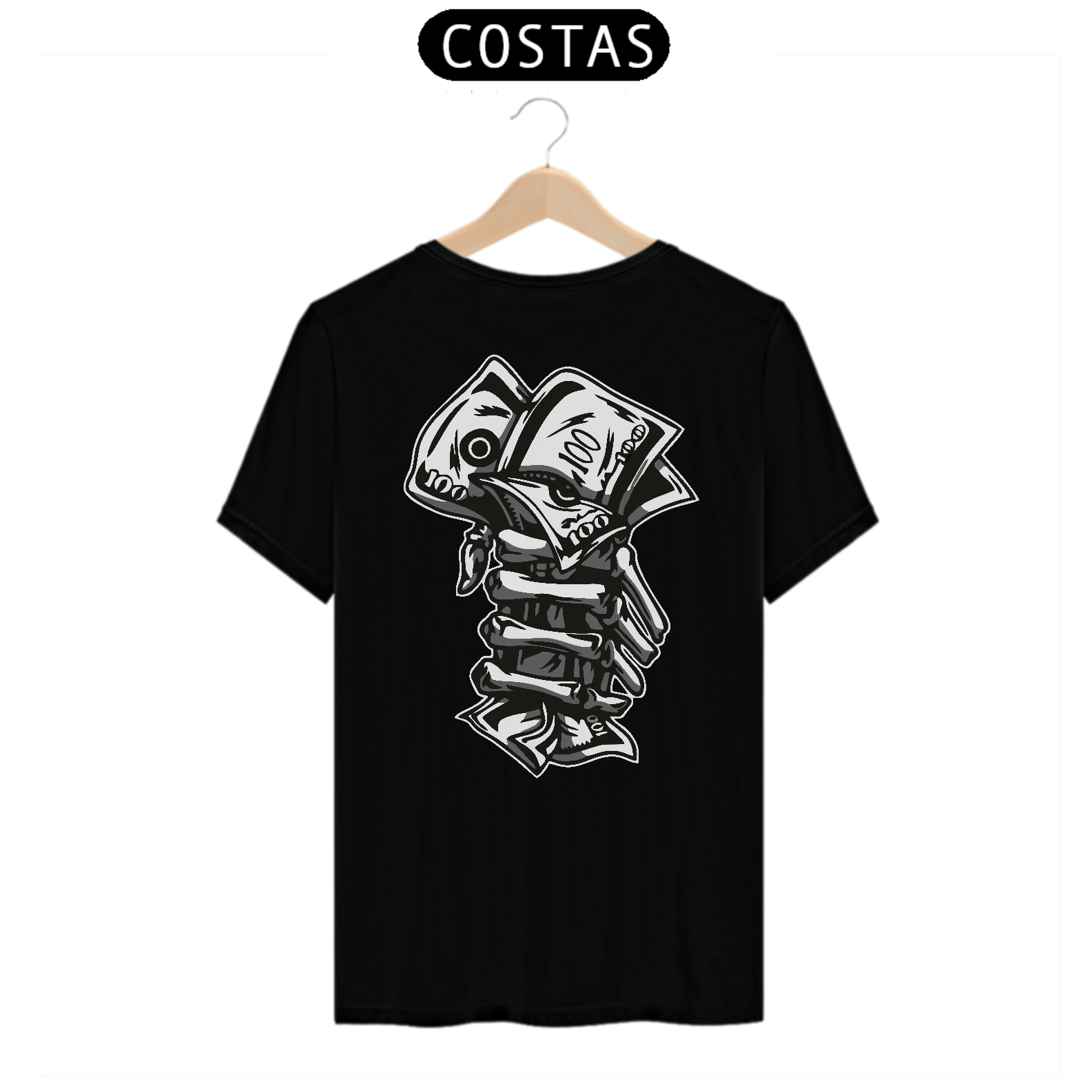 estampa de uma mão de esqueleto segurando dinheiro 