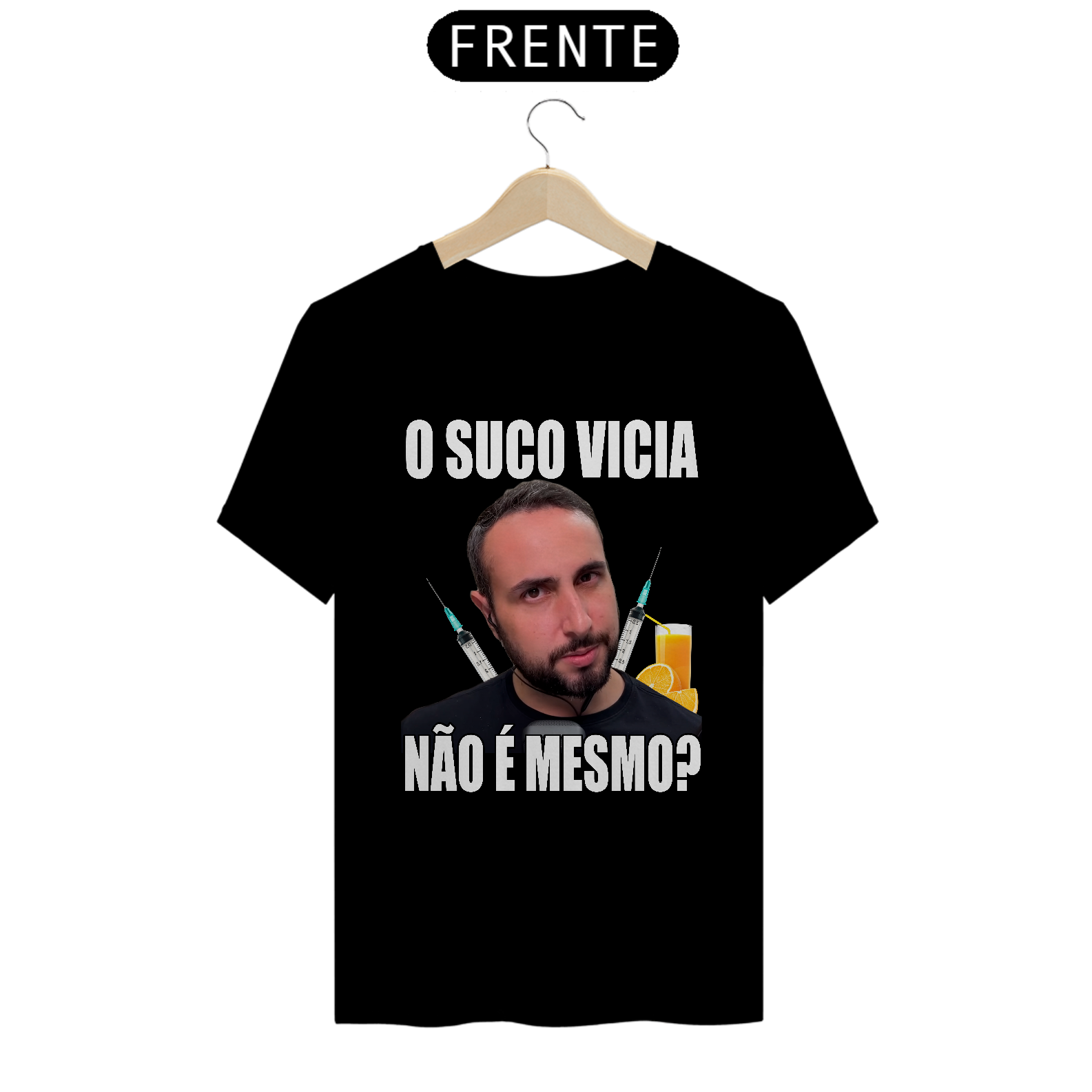 Camiseta “O Suco Vicia” – Com moderação e umas gotinhas de humor