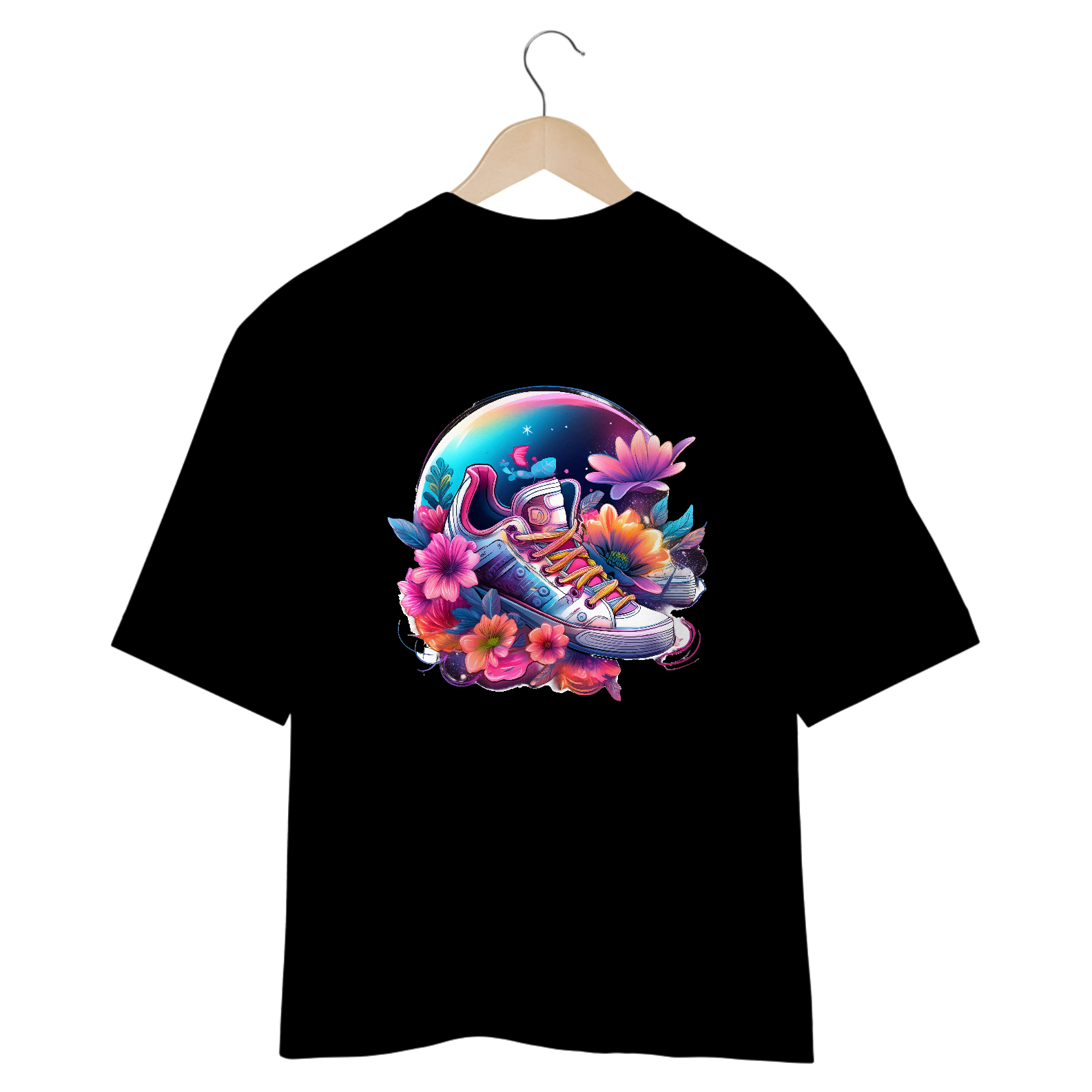 Oversized Neon Graphic Tee with Flowers and Sneakers