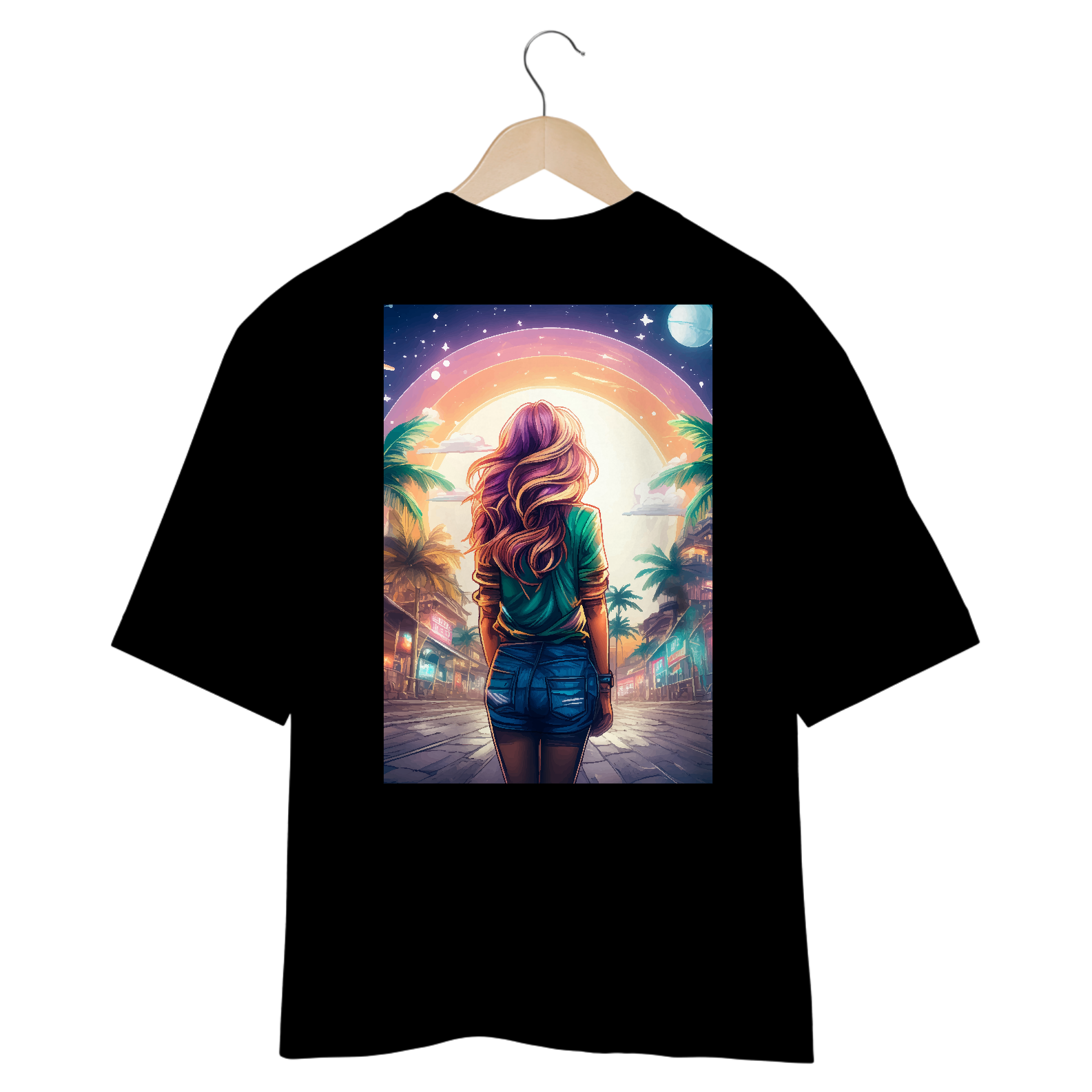 Neon Girl Gazing at the Moon Oversized T-Shirt
